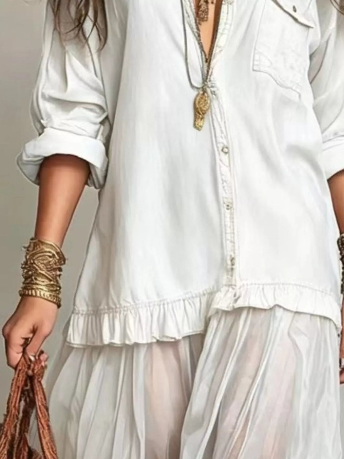 Full Size Tiered Long Sleeve Denim Shirt Maxi Dress Plus Size - Draped in Grace