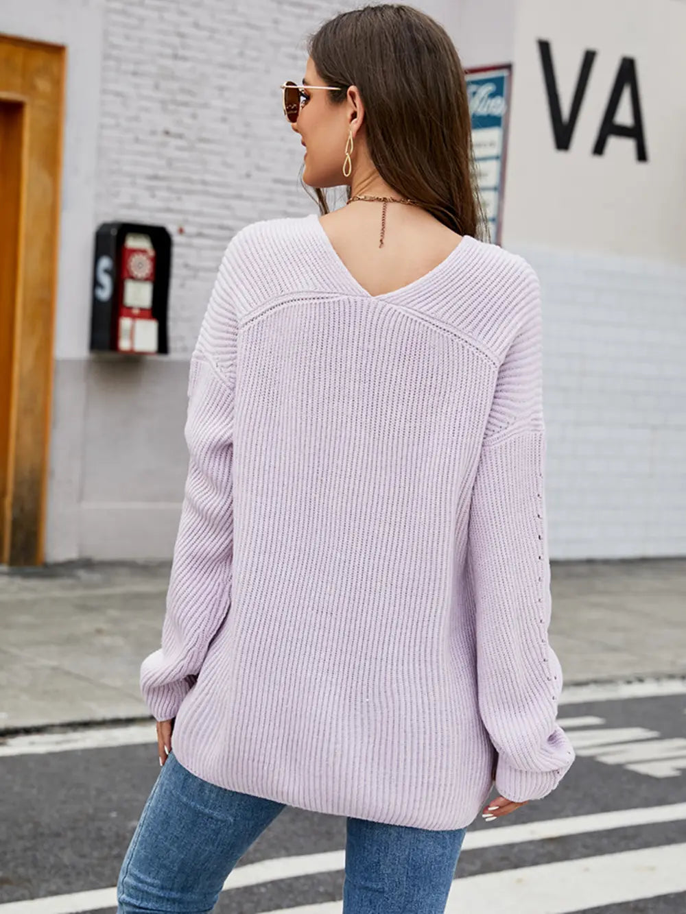 Openwork Dropped Shoulder Long Sleeve Sweater - Draped in Grace