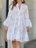 Ruffle Hem Eyelet Notched Long Sleeve Dress - Draped in Grace