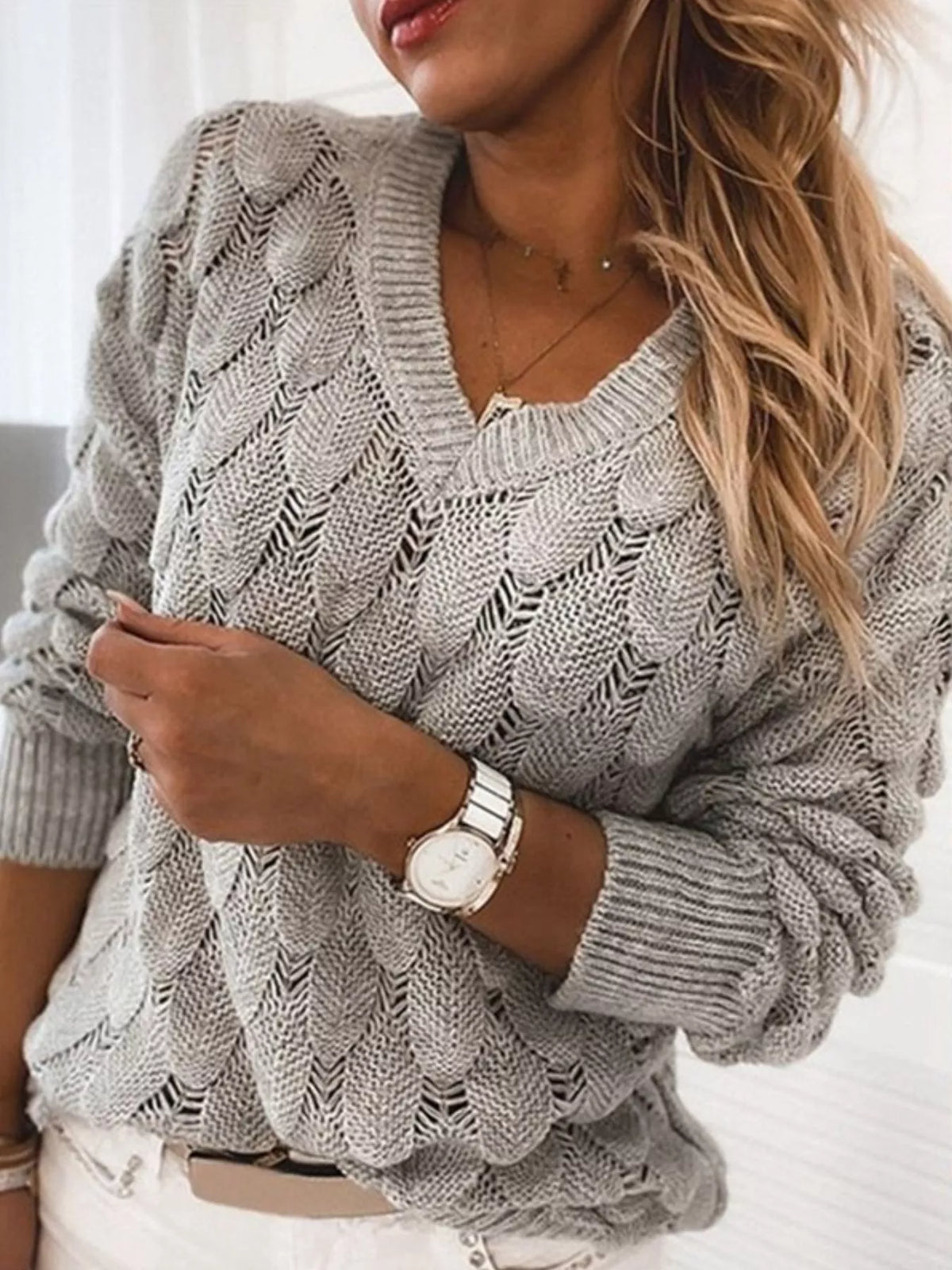 V-Neck Knitted Sweater - Draped in Grace