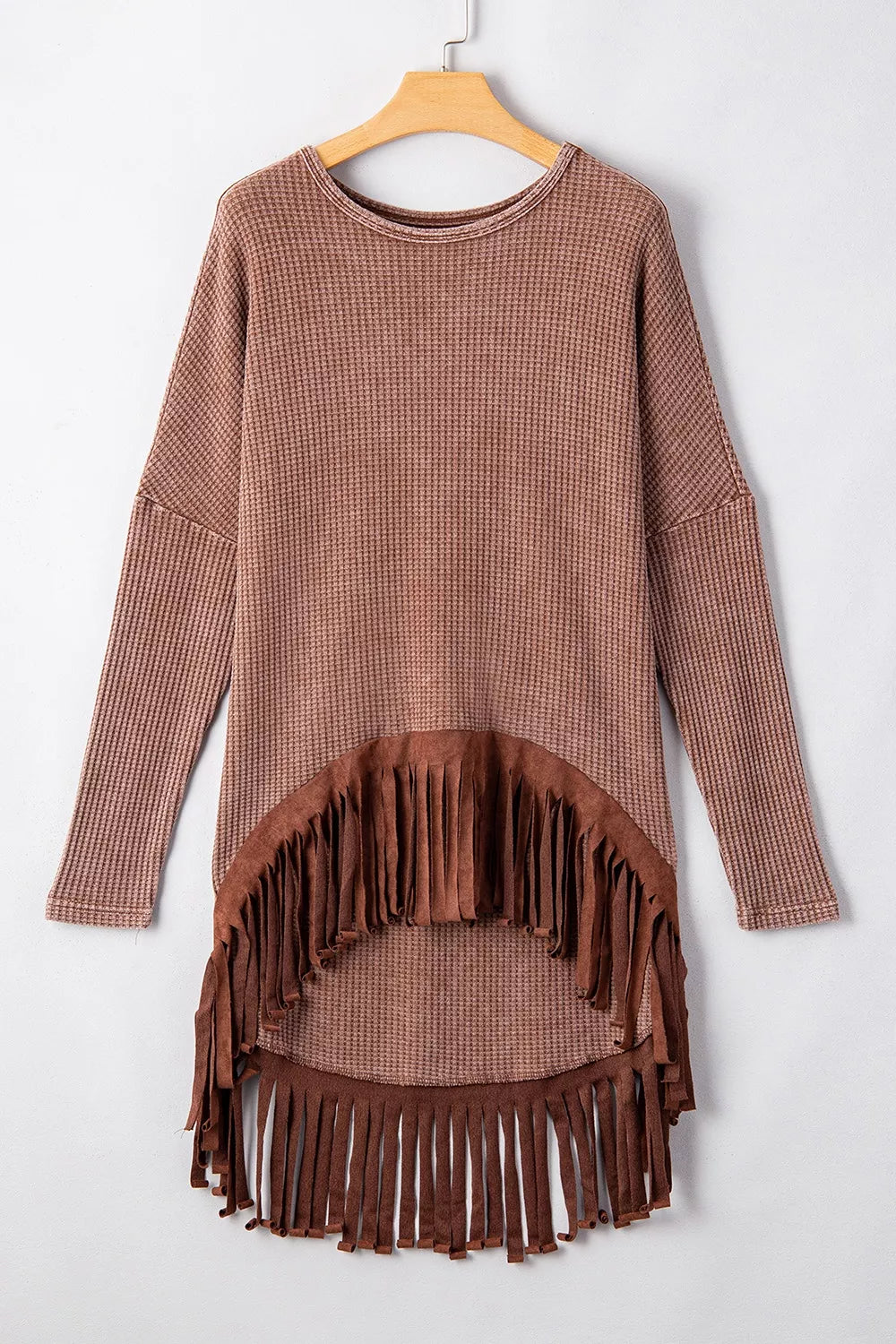 Waffle Knit Fringed High Low Loose Top - Draped in Grace