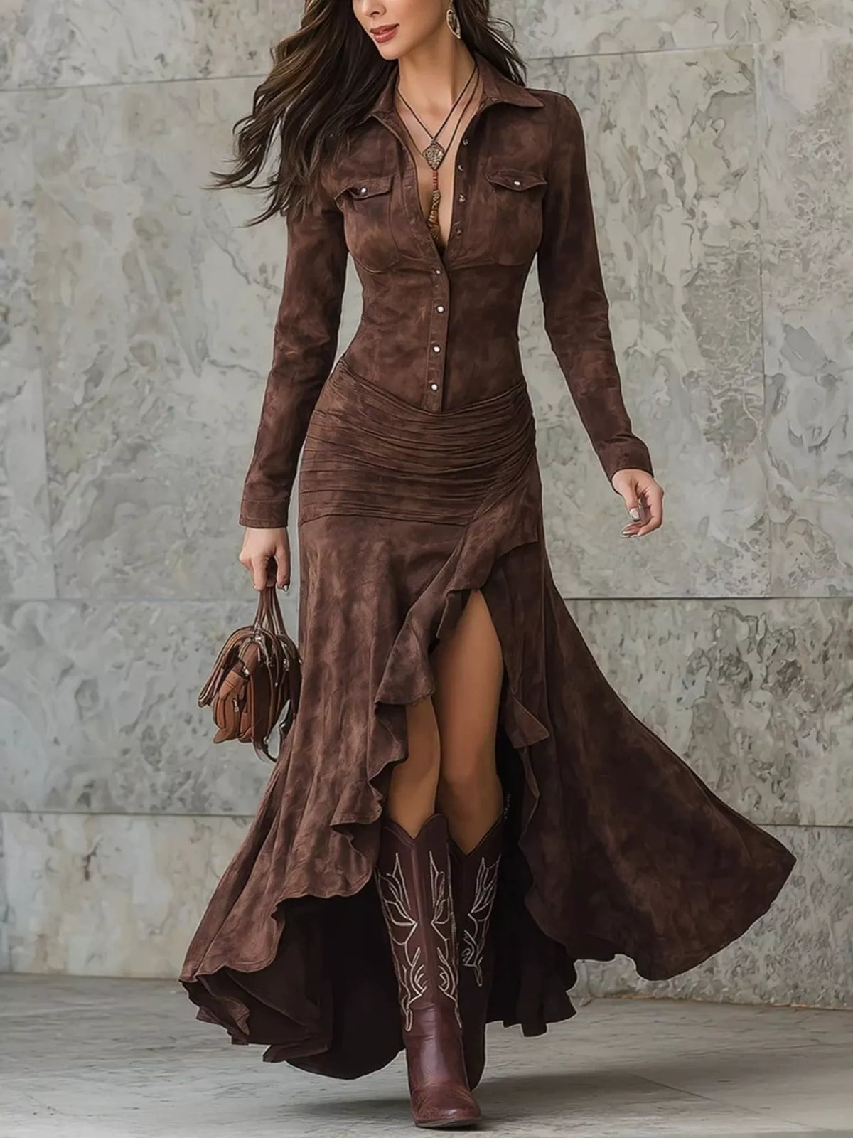 Full Size High-Low Long Sleeve Maxi Dress Plus Size - Draped in Grace