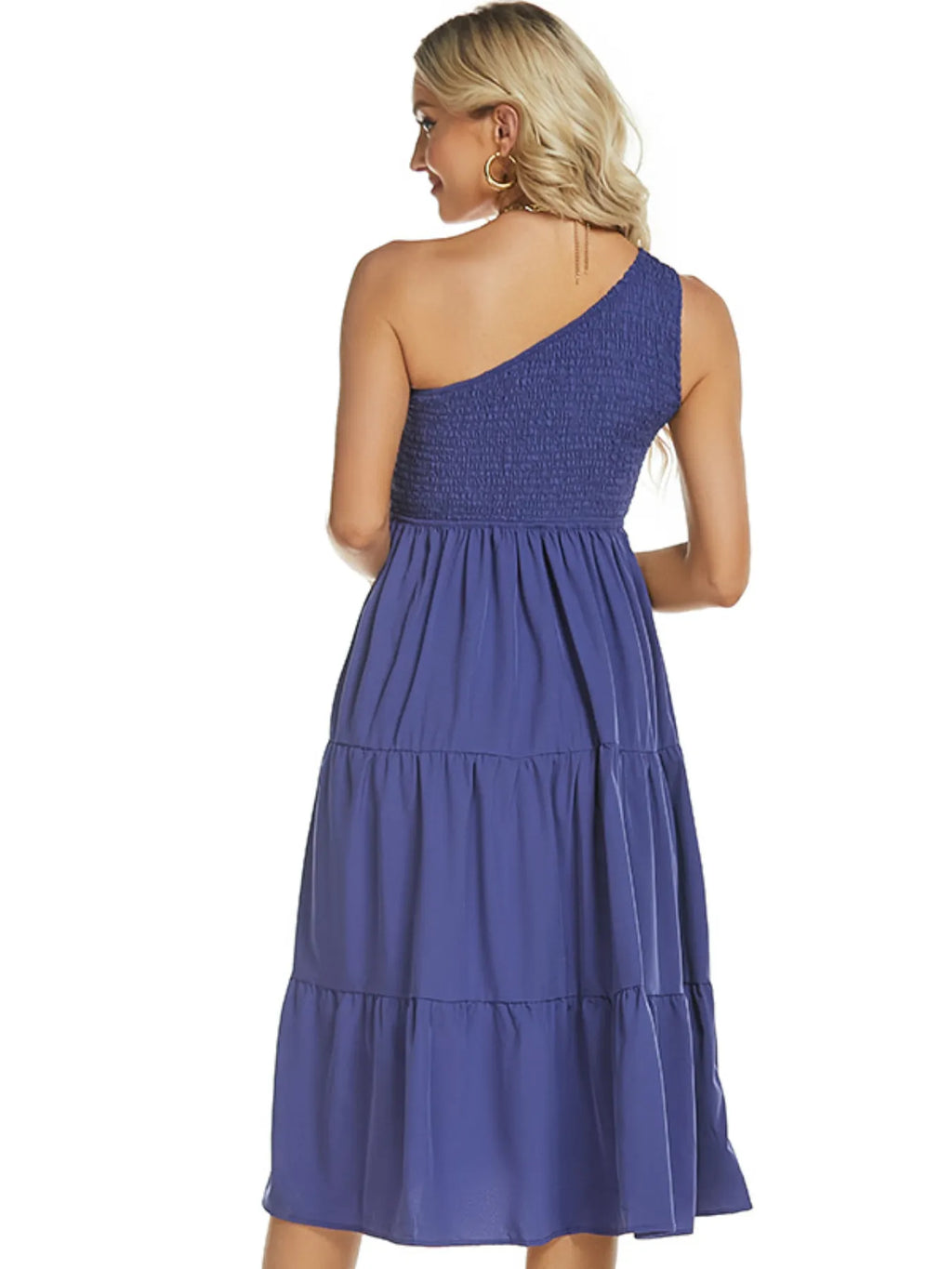 One-Shoulder Tiered Midi Dress with Smocked Bodice - Draped in Grace