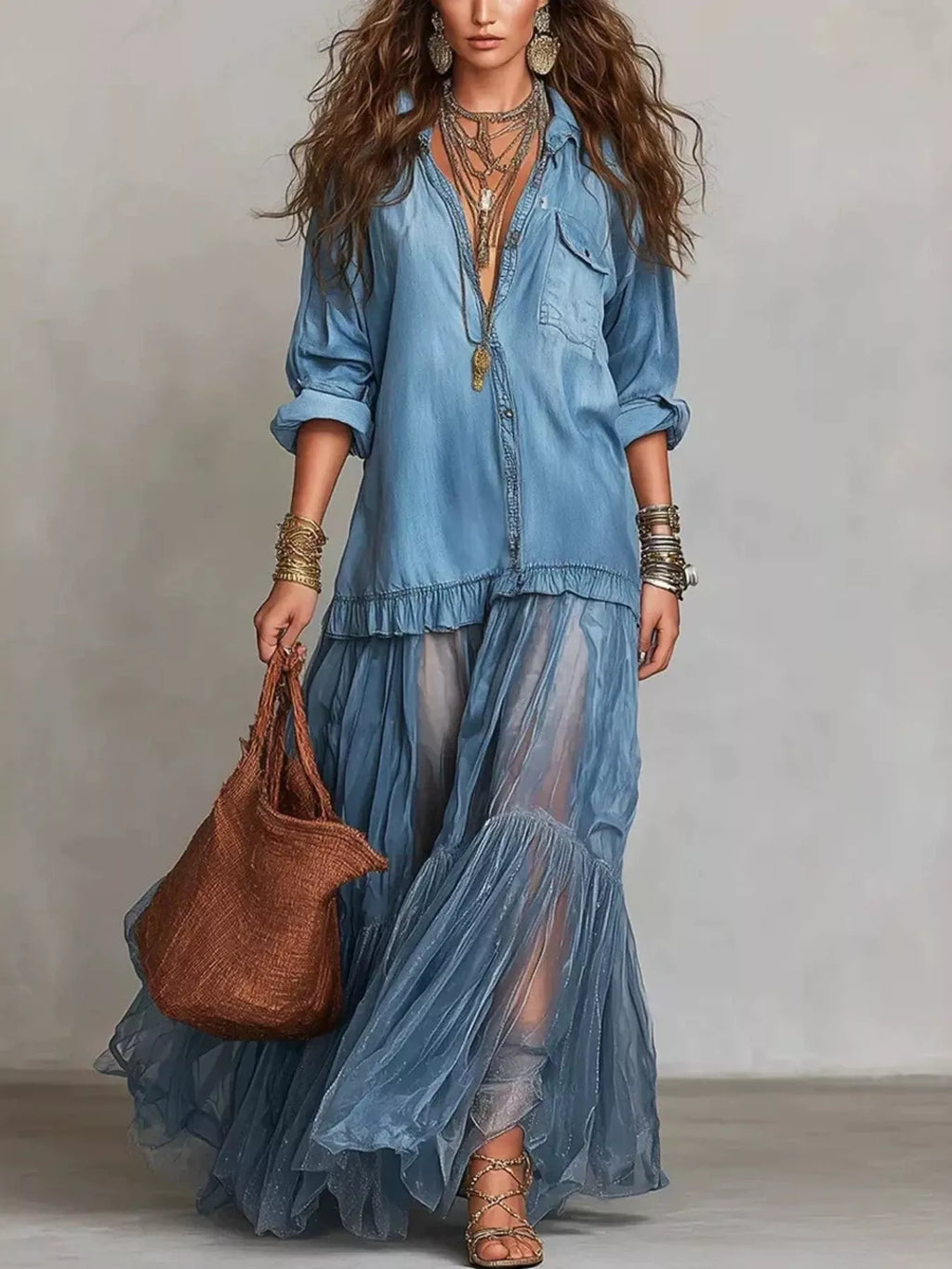 Full Size Tiered Long Sleeve Denim Shirt Maxi Dress Plus Size - Draped in Grace