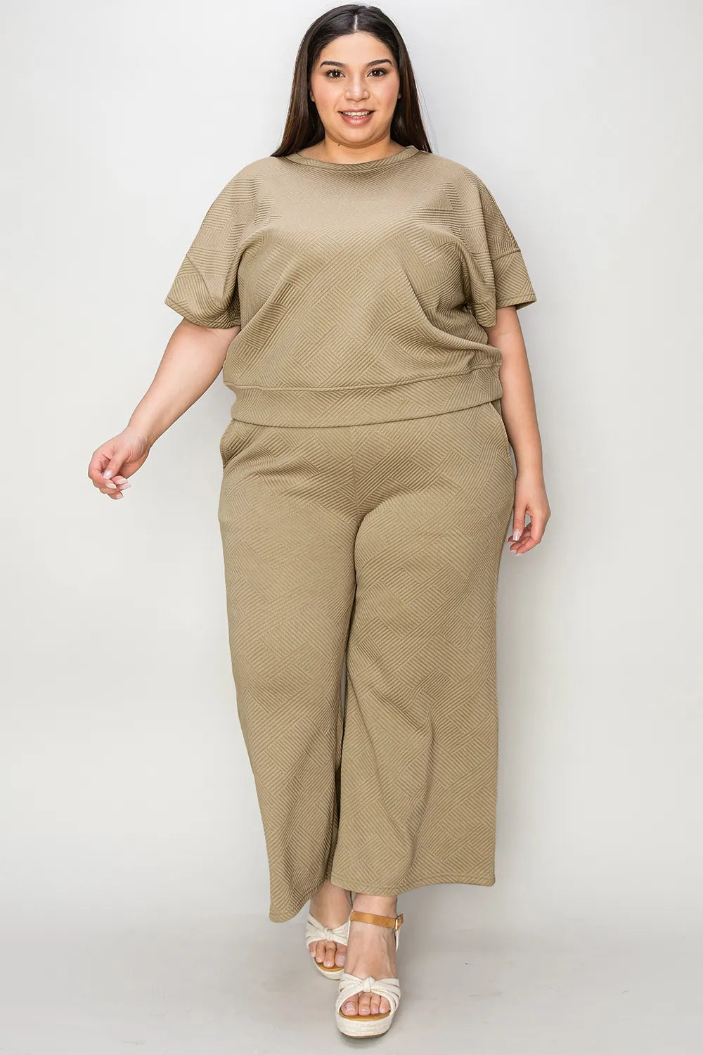 Double Take Full Size Texture Short Sleeve Top and Pants Set - Draped in Grace