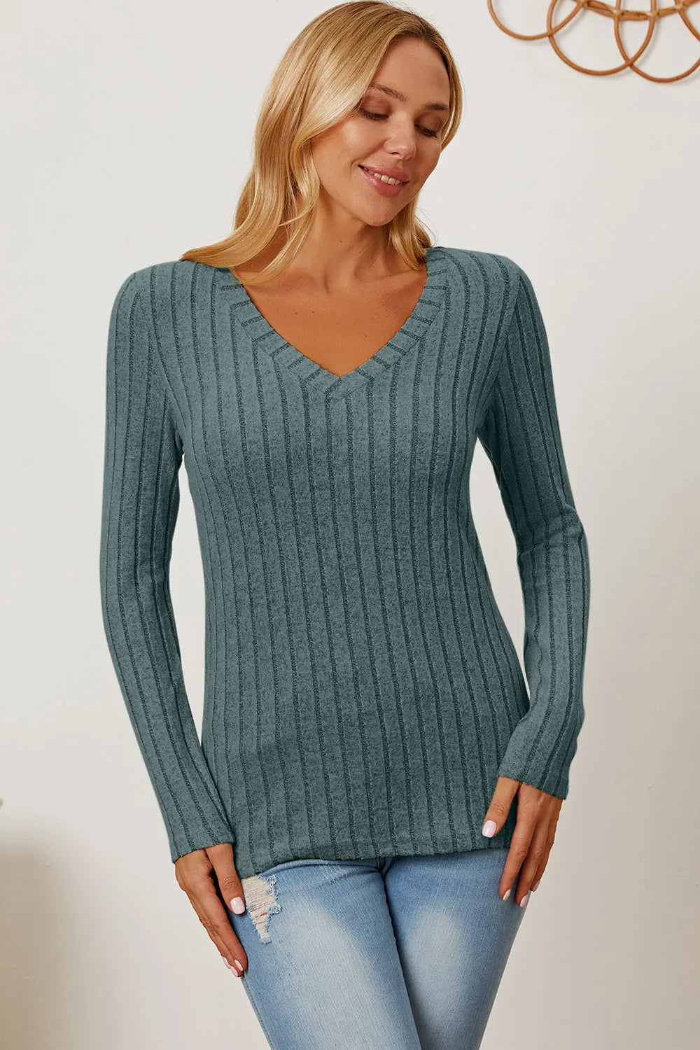 Basic Bae Full Size Ribbed V-Neck Long Sleeve T-Shirt - Draped in Grace
