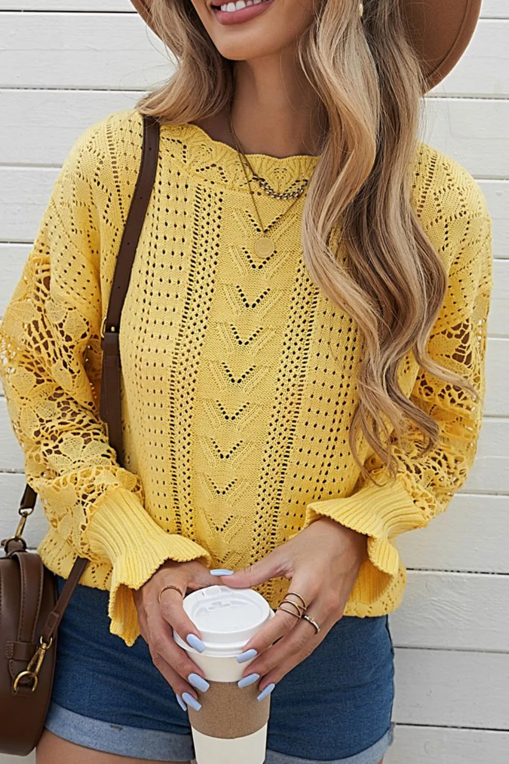 Openwork Round Neck Long Sleeve Sweater - Draped in Grace