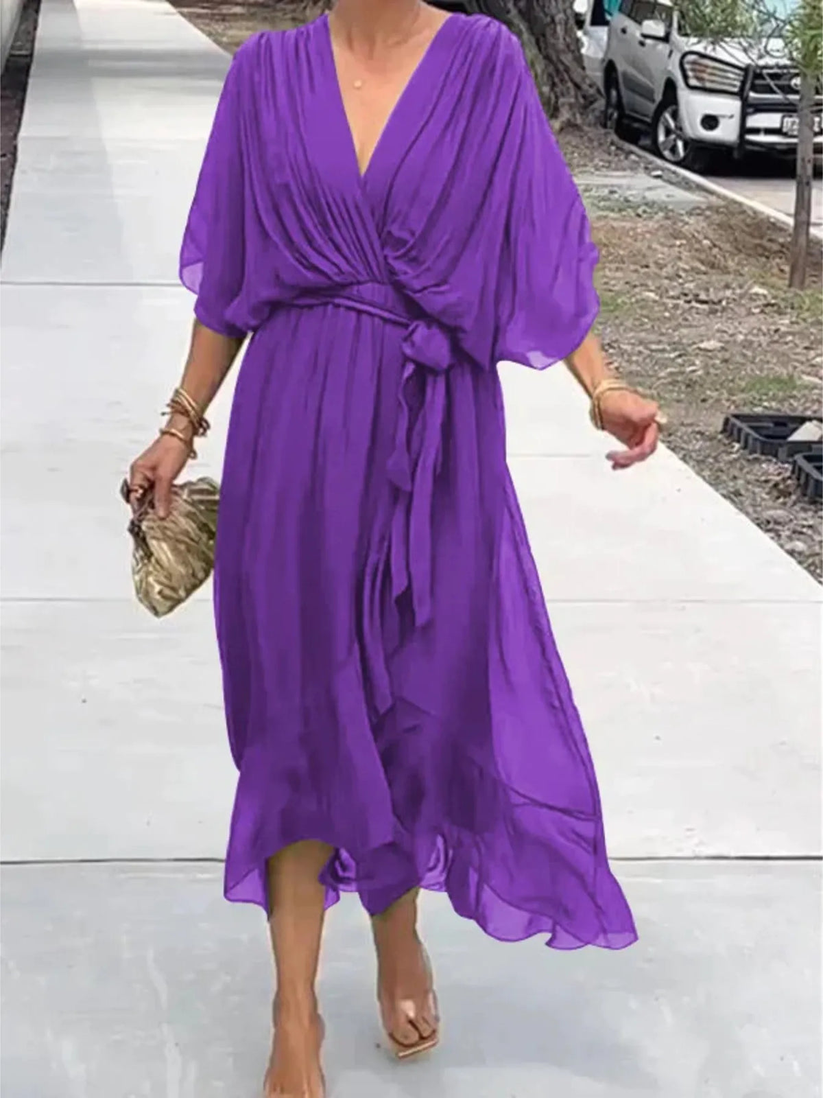 Full Size Flowy Tie Front Midi Dress with Flutter Sleeves Plus Size - Draped in Grace
