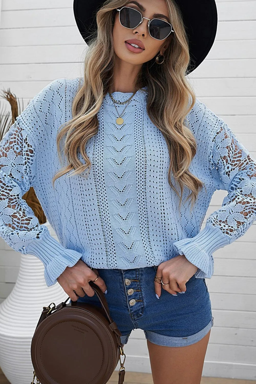 Openwork Round Neck Long Sleeve Sweater - Draped in Grace