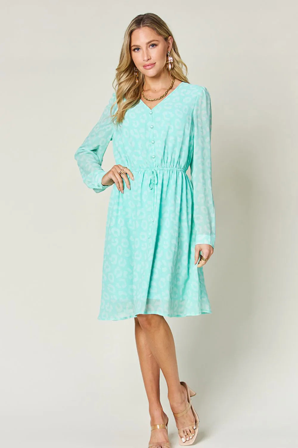 Double Take Full Size Printed Ruched V-Neck Long Sleeve Dress - Draped in Grace
