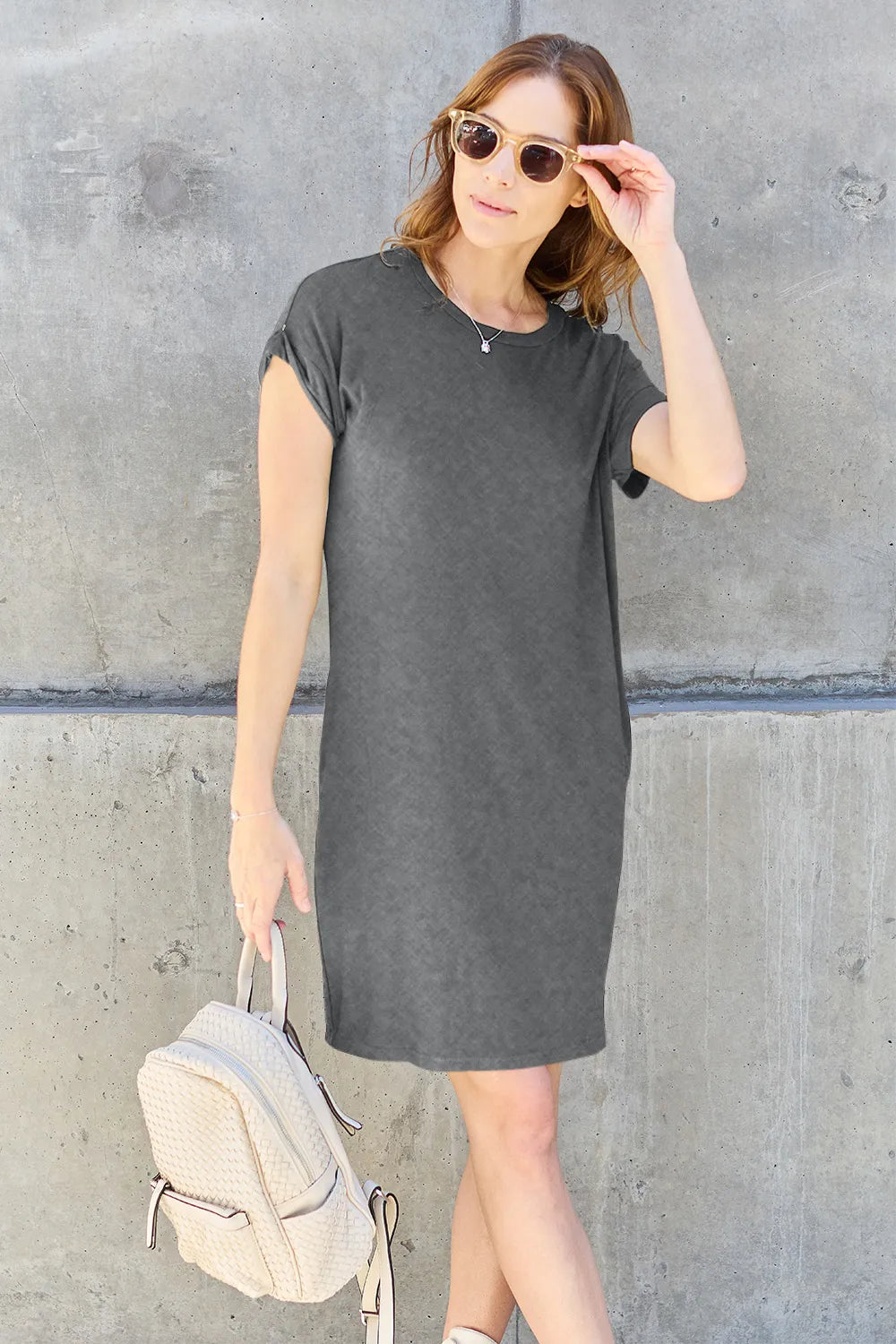 Basic Bae Full Size Round Neck Short Sleeve Dress with Pockets - Draped in Grace