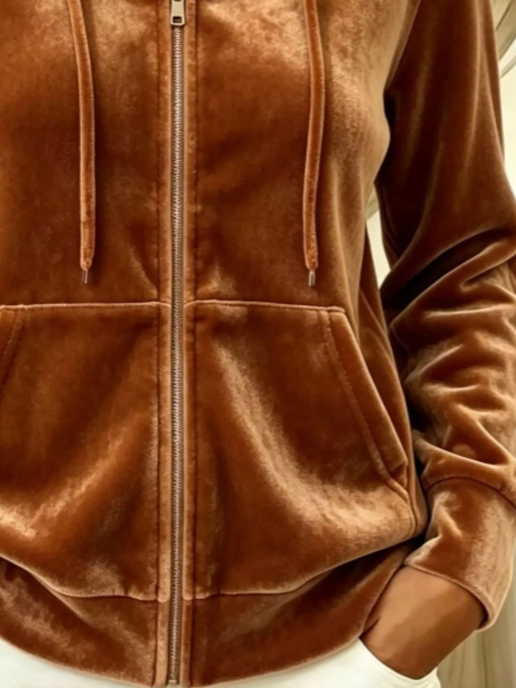 Full Size Velvet Zip-Up Hoodie with Drawstring Plus Size - Draped in Grace