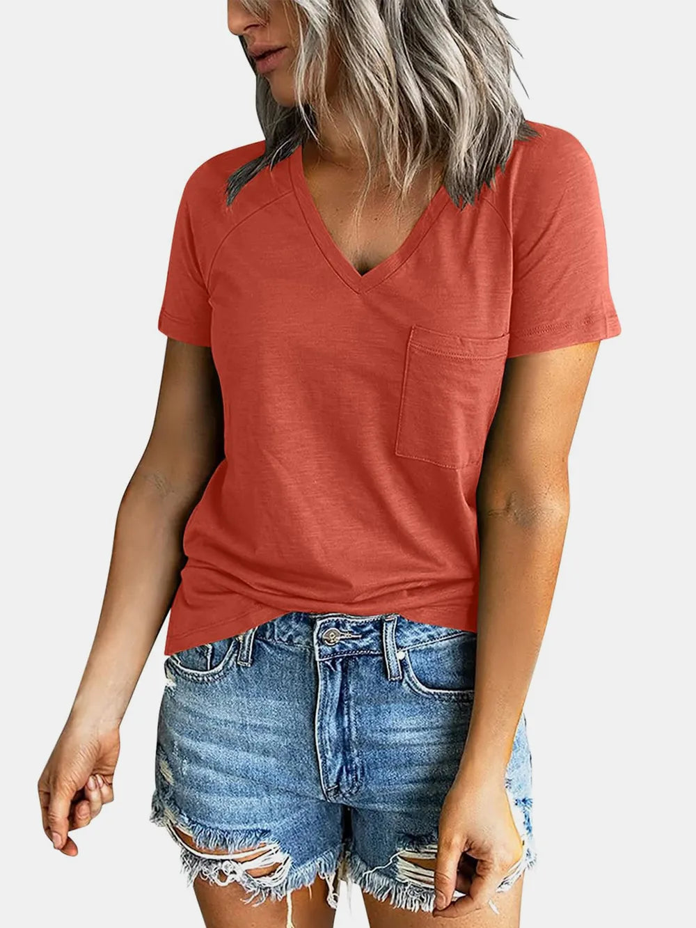 Pocketed V-Neck Short Sleeve T-Shirt - Draped in Grace