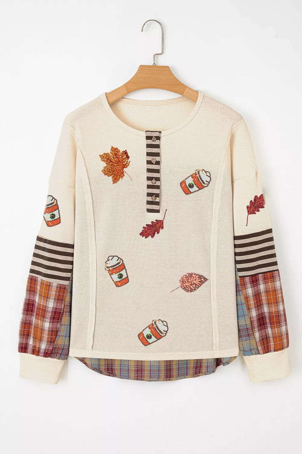 Sequin Autumn Leaf & Coffee Cup Waffle Knit Top - Draped in Grace