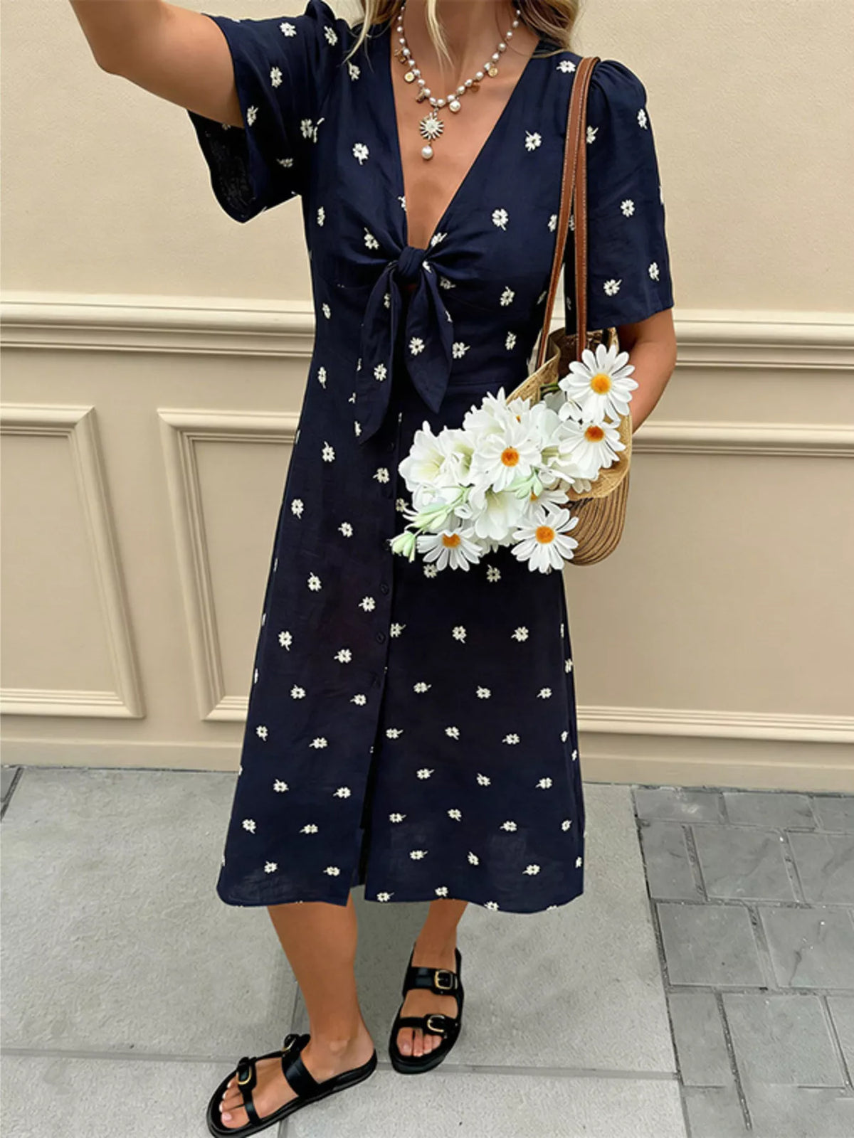 Daisy Print Tie-Front Midi Dress - Draped in Grace