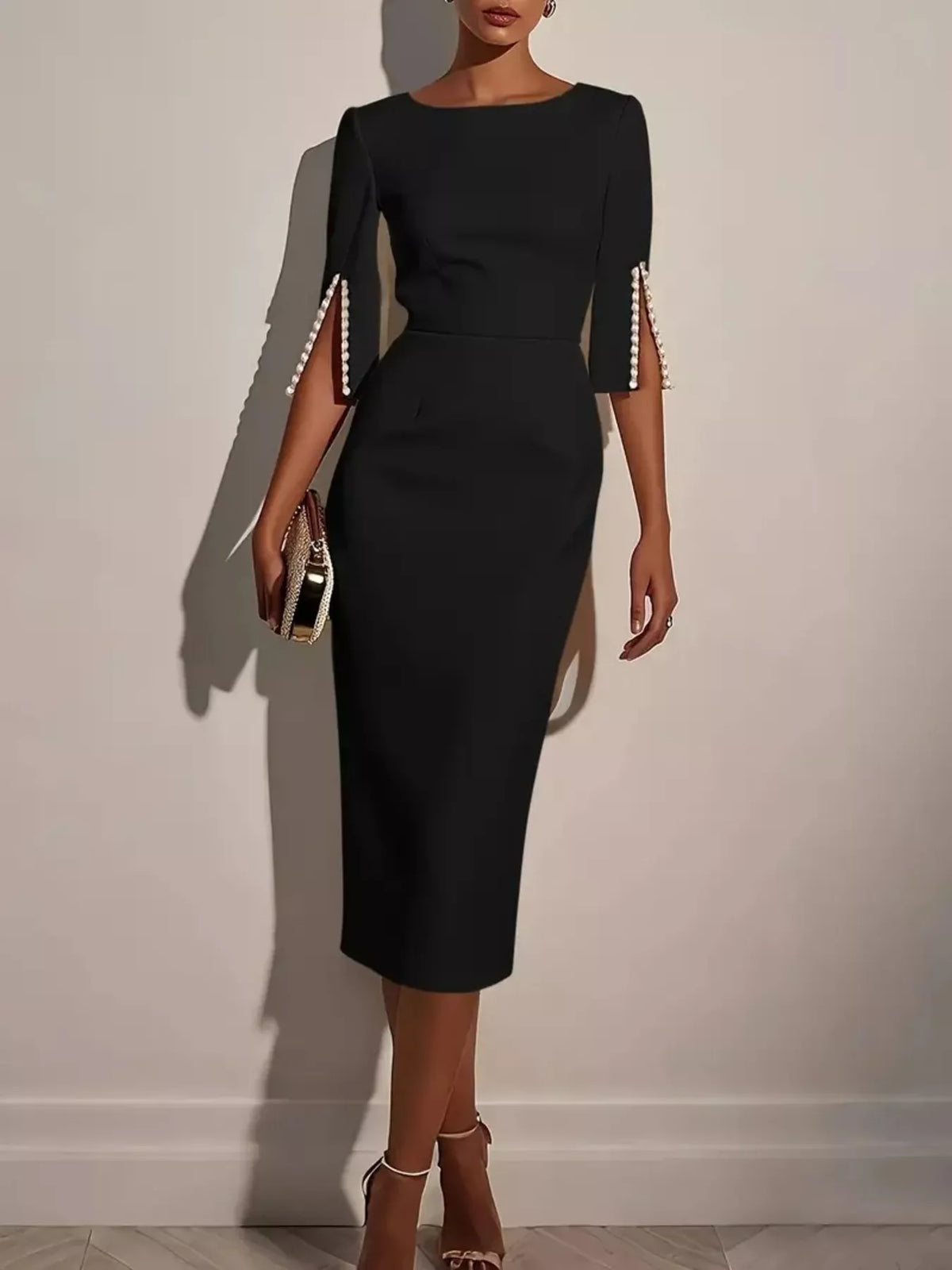 Slim-Fit Elegant Midi Dress with Beaded Slit Sleeve - Draped in Grace