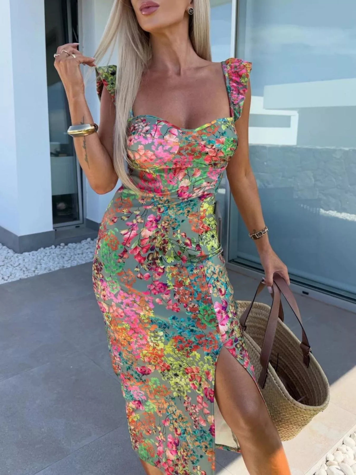 Slit Sweetheart Neck Midi Dress - Draped in Grace