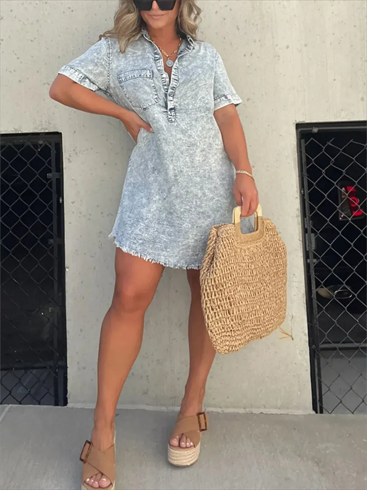 Full Size Raw Hem Short Sleeve Denim Dress Plus Size - Draped in Grace