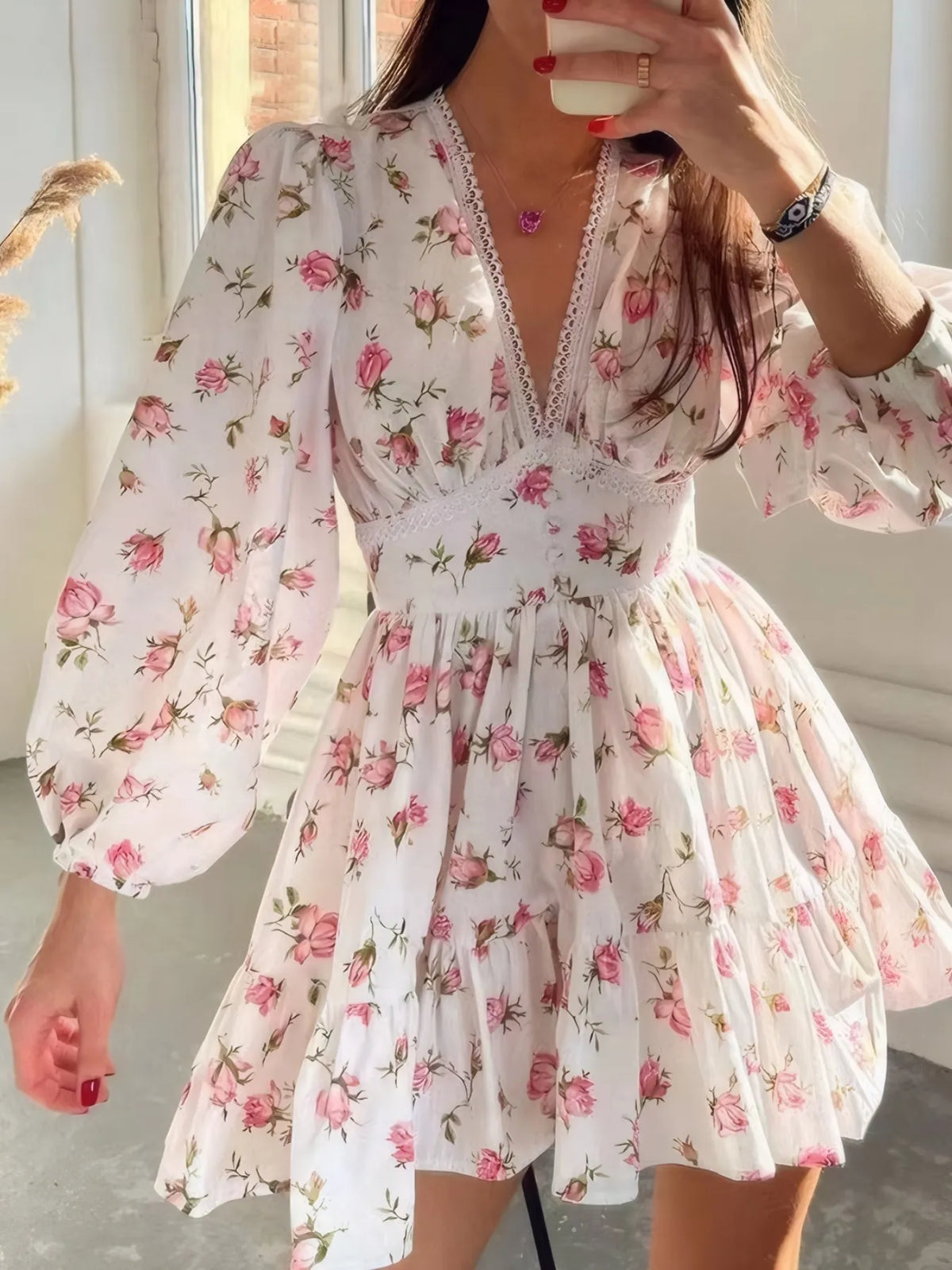 Full Size Floral Print Lace Detail V-Neck Mini Dress Plus SIze - Draped in Grace
