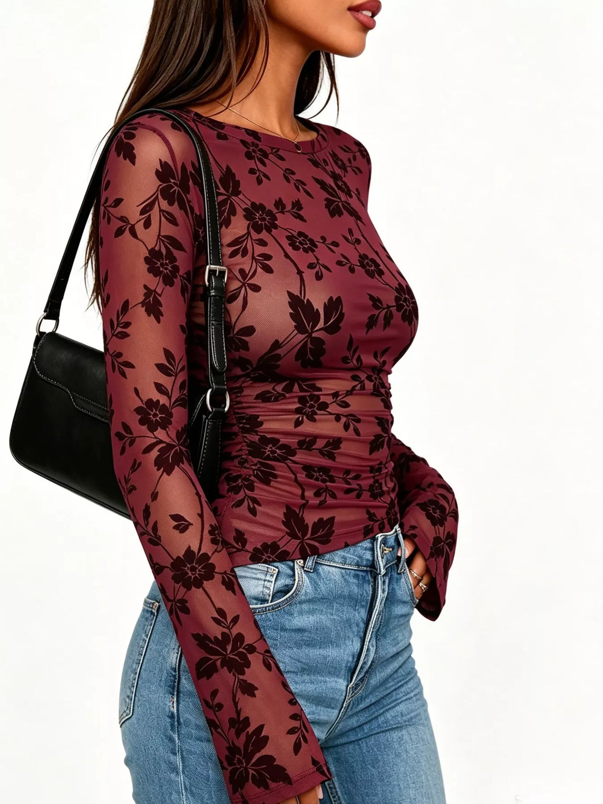 Slim Fit Floral Print Long Sleeve Top - Draped in Grace