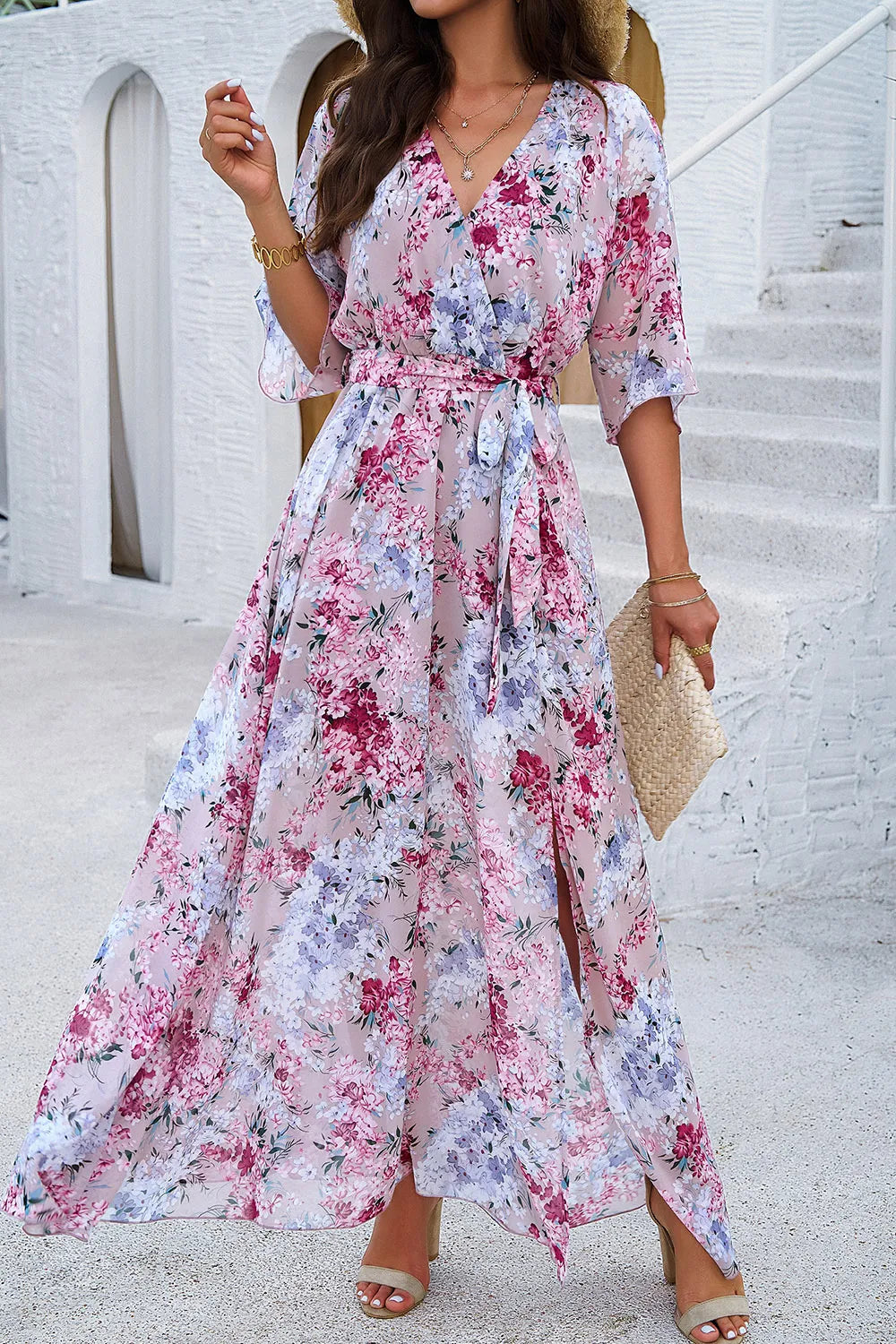Devine Printed Tied Half Sleeve Slit Dress - Draped in Grace