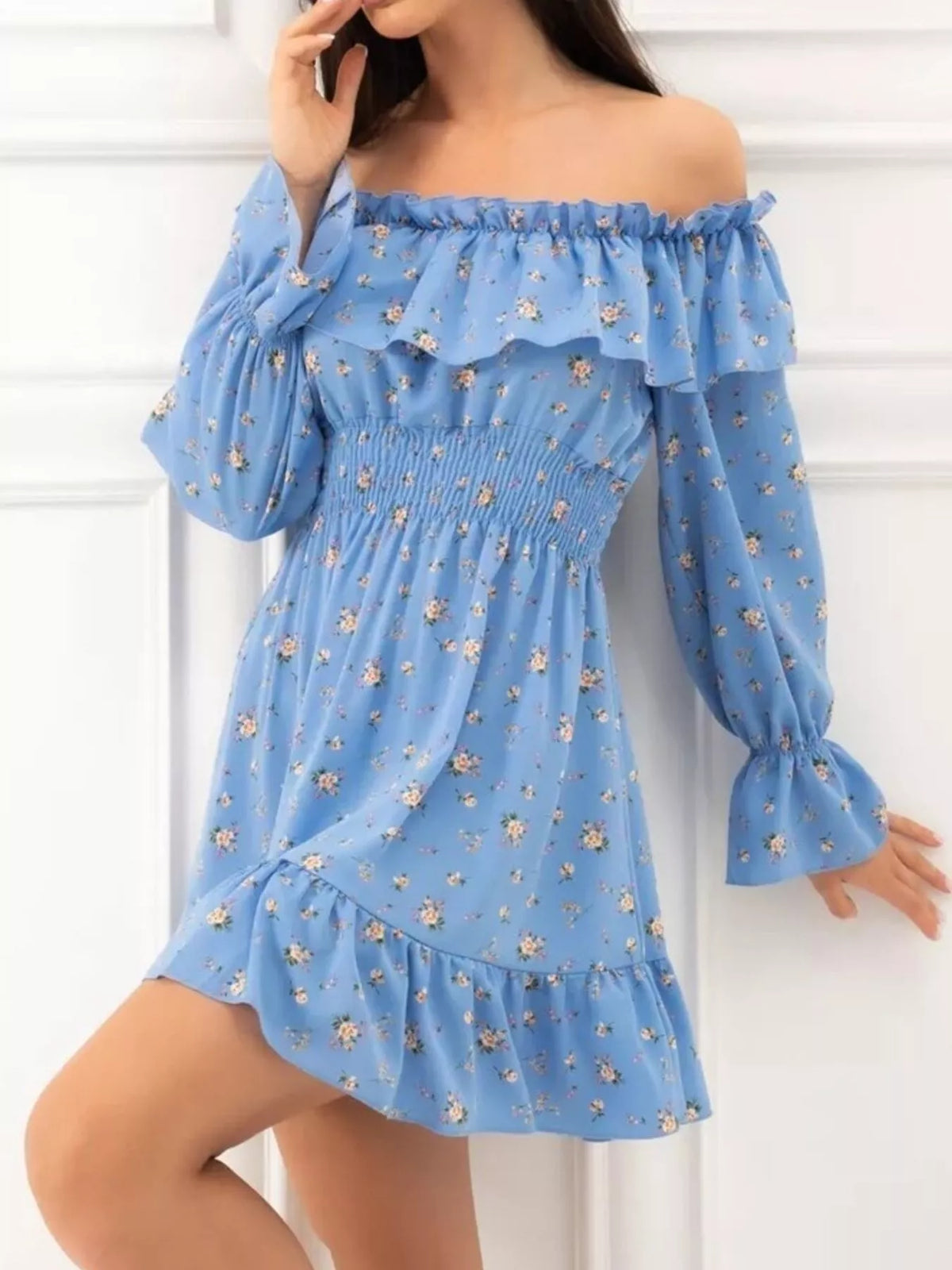 Off-Shoulder Floral Print Ruffle Dress - Draped in Grace