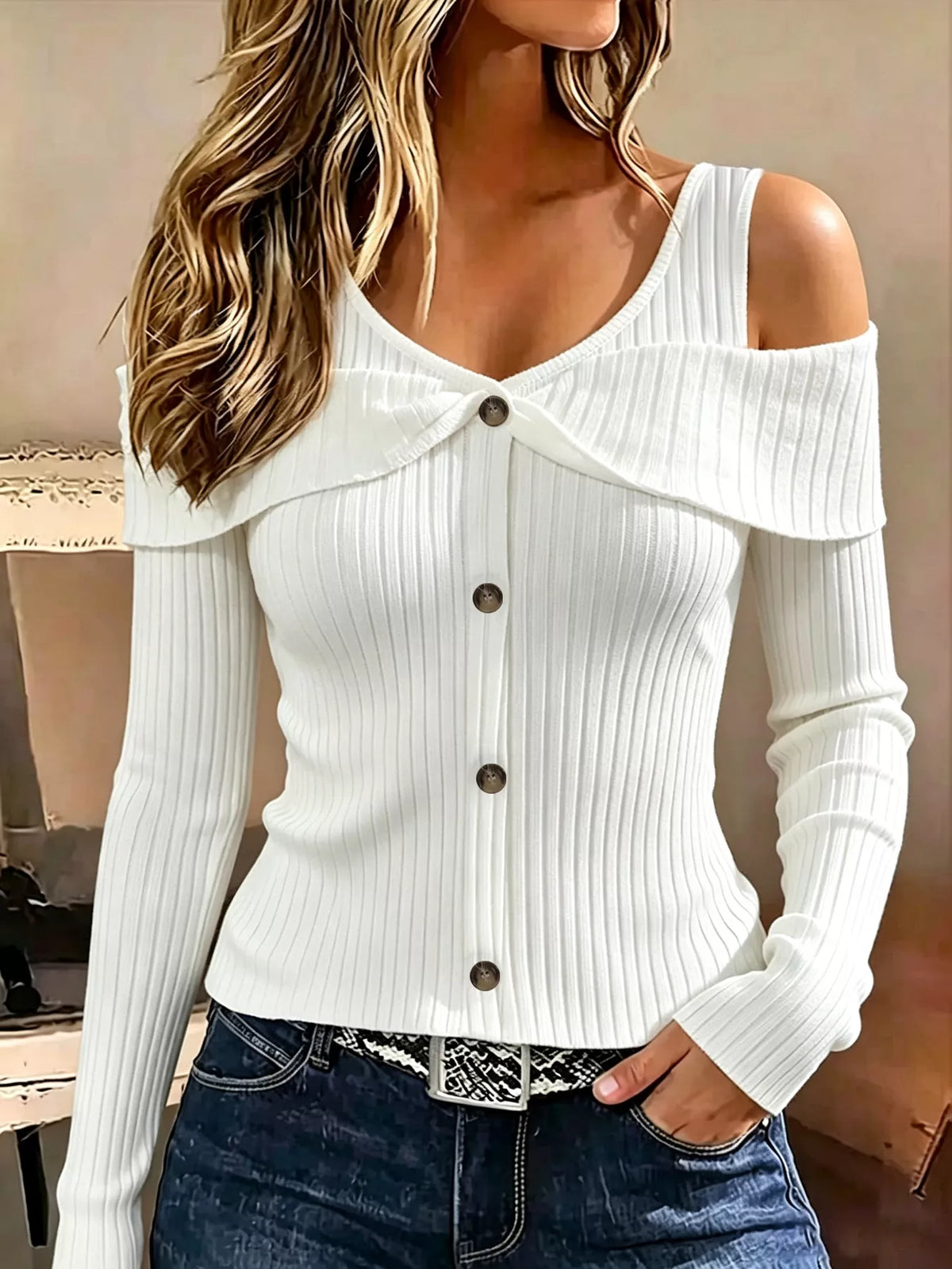 Cold Shoulder Ribbed Knit Top - Draped in Grace