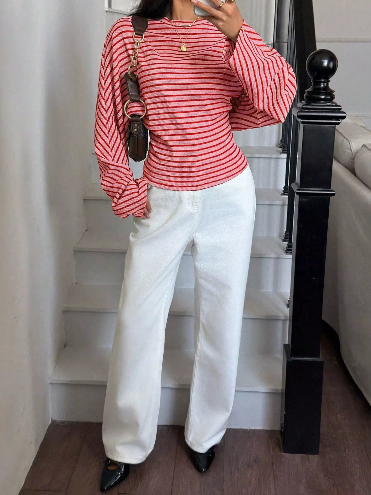 Casual Striped Batwing Sleeve T-Shirt - Draped in Grace