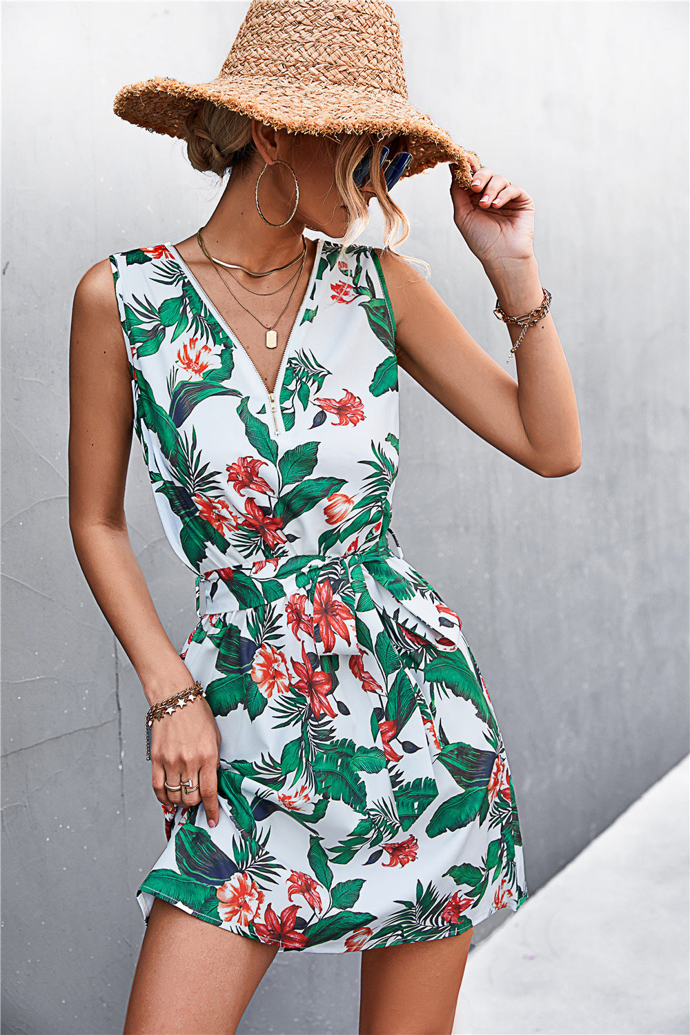 Printed Zip Detail Belted Sleeveless Dress - Draped in Grace