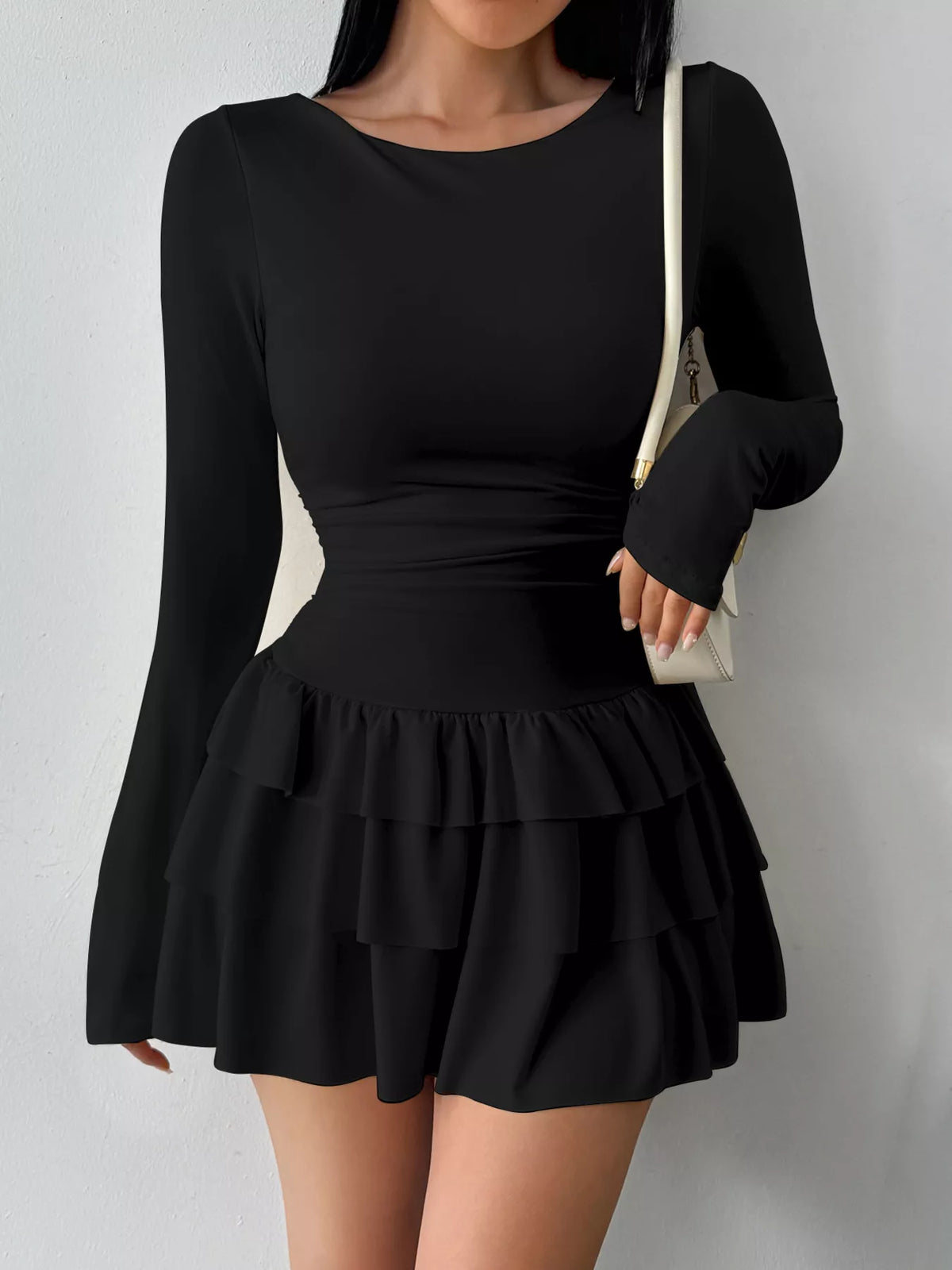 Ruched Long Sleeve Layered Ruffle Mini Dress - Draped in Grace