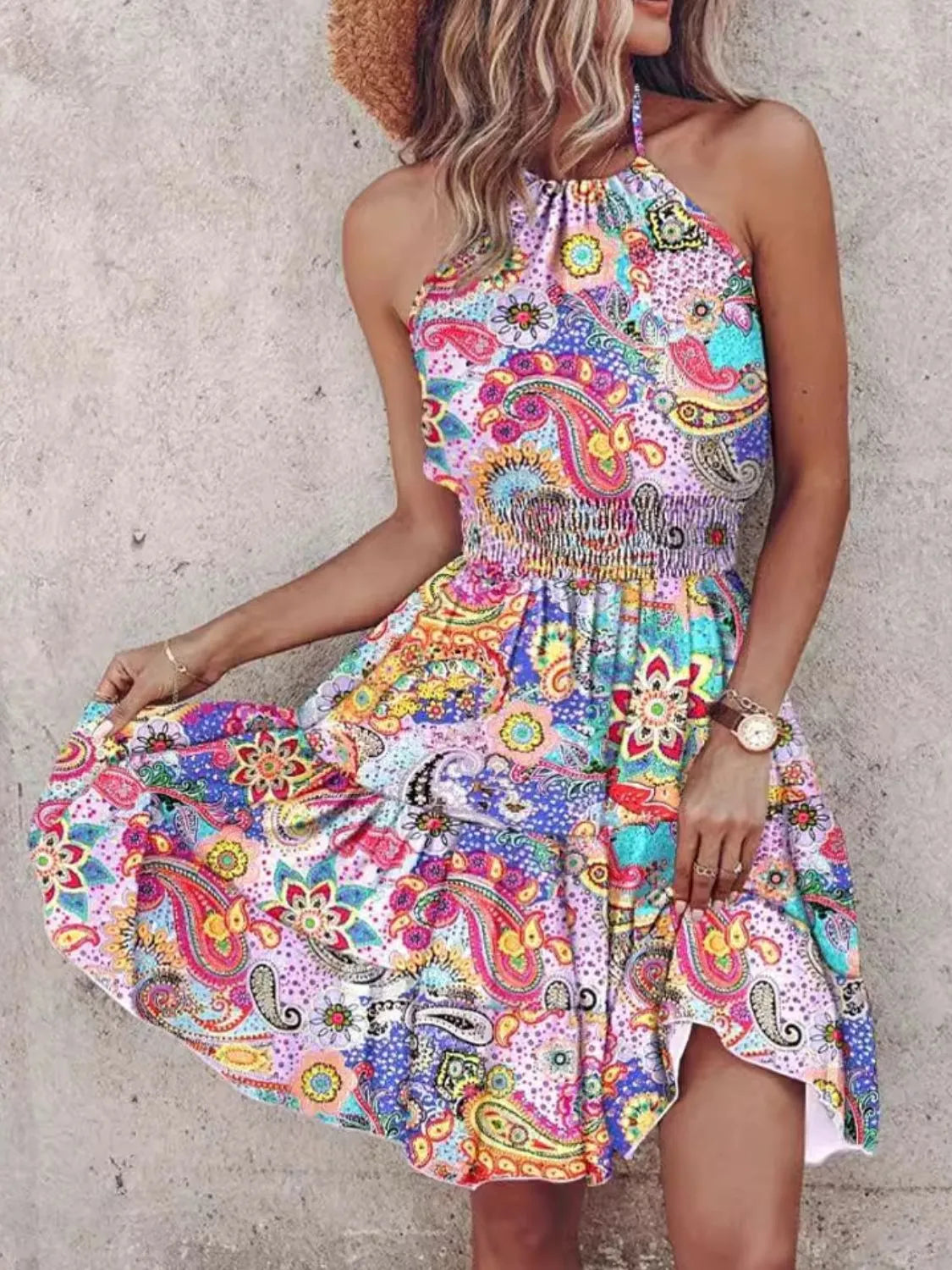 Paisley Print Halter Neck Mini Dress - Draped in Grace