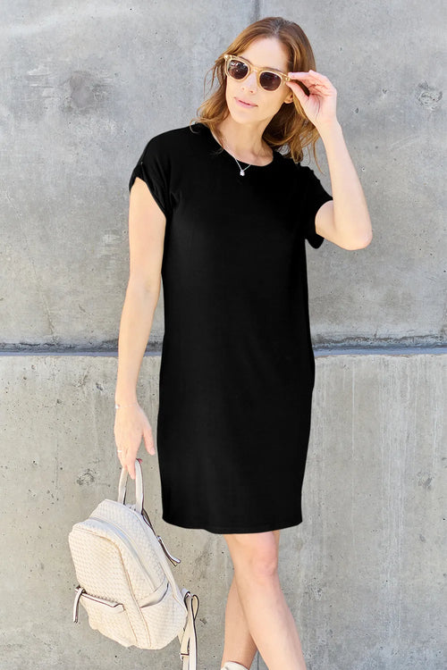 Basic Bae Bamboo Full Size Round Neck Short Sleeve Dress with Pockets - Draped in Grace