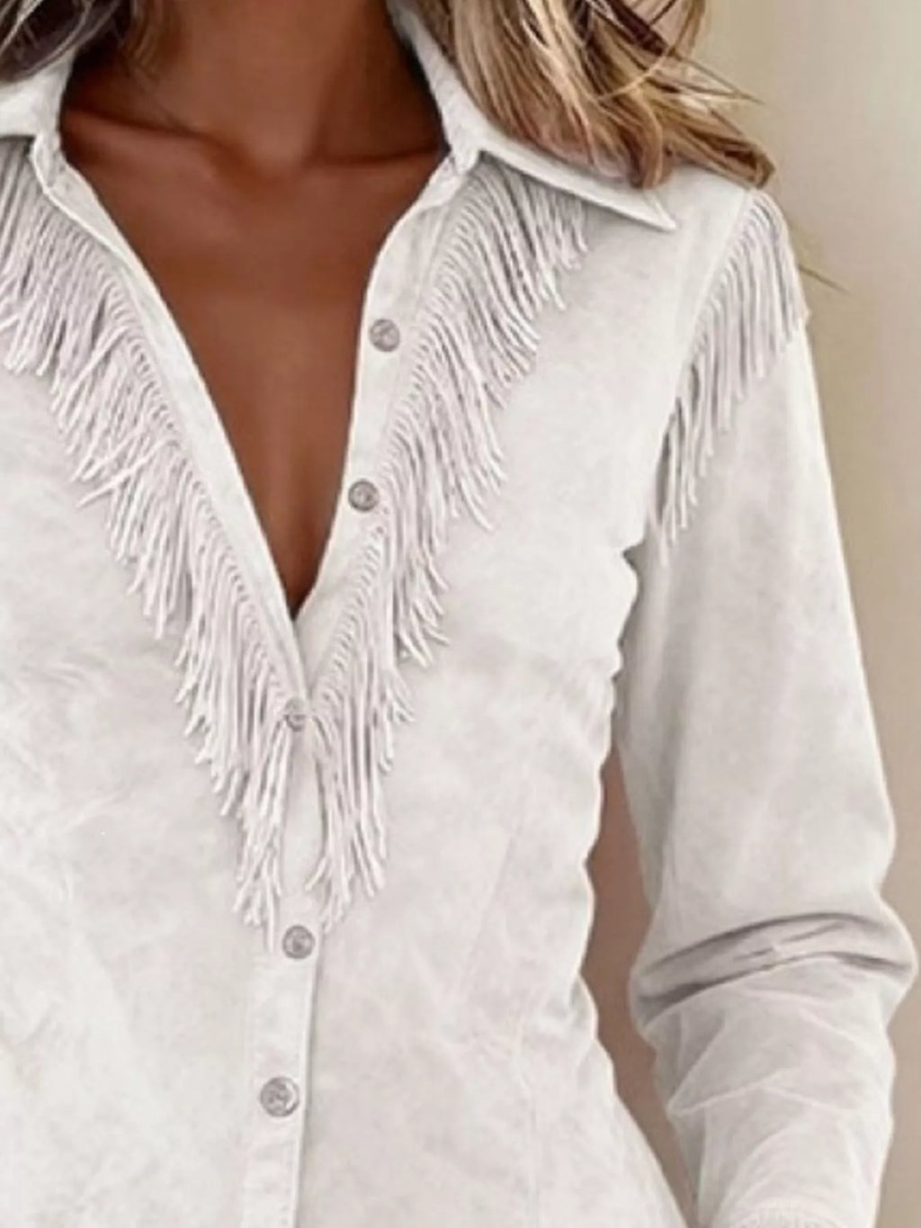Fringed Button Up Long Sleeve Shirt - Draped in Grace