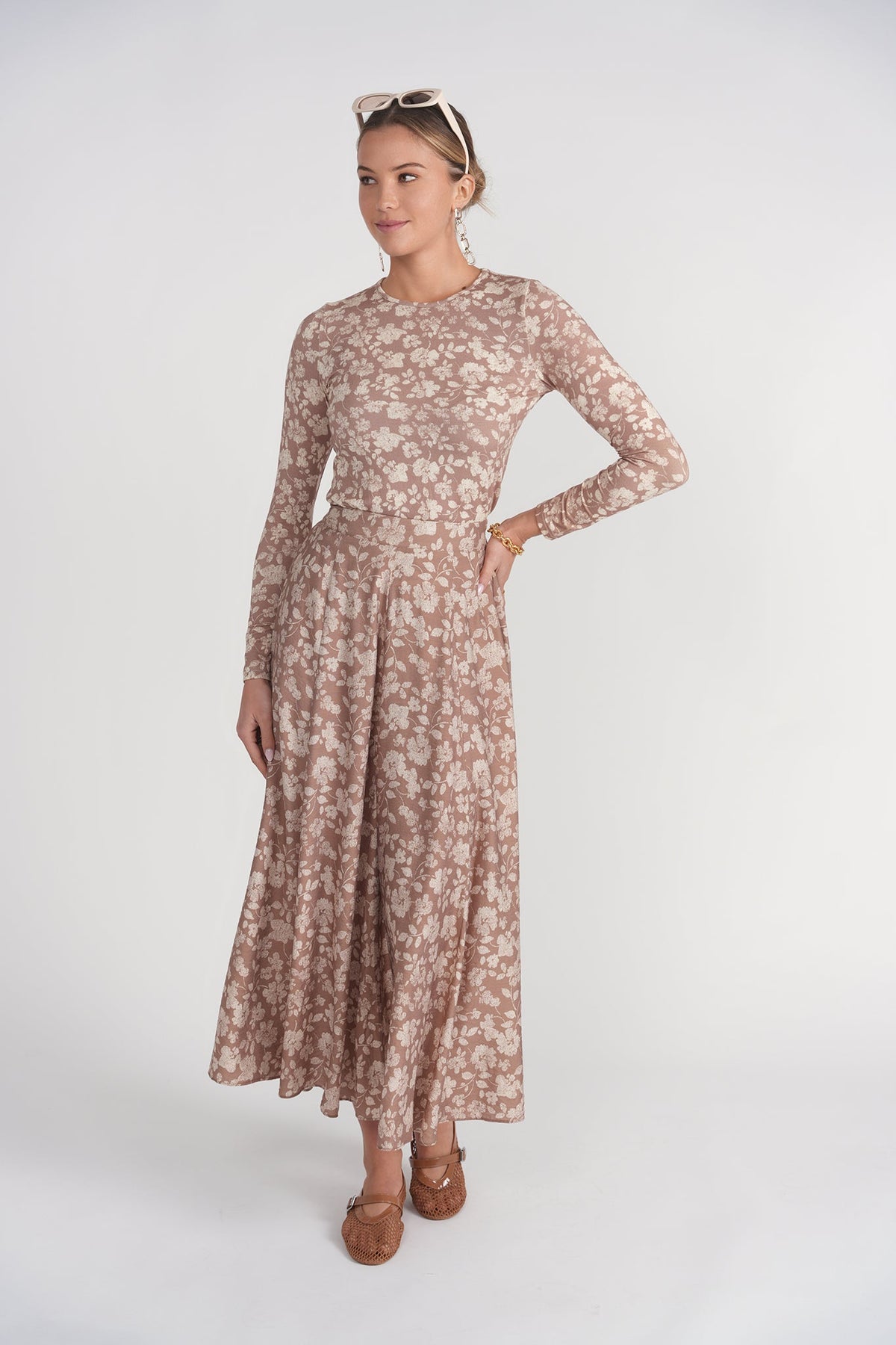 Printed Long Sleeve Tee- Mocha Floral