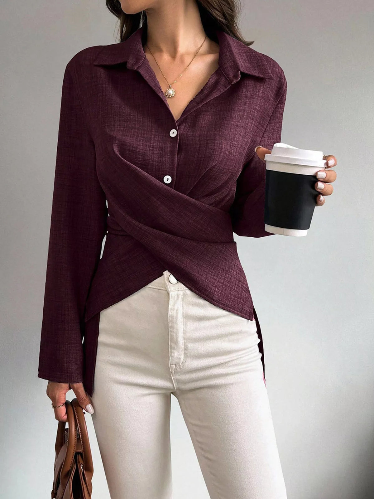 Criss-Cross Wrap Front Long Sleeve Shirt - Draped in Grace