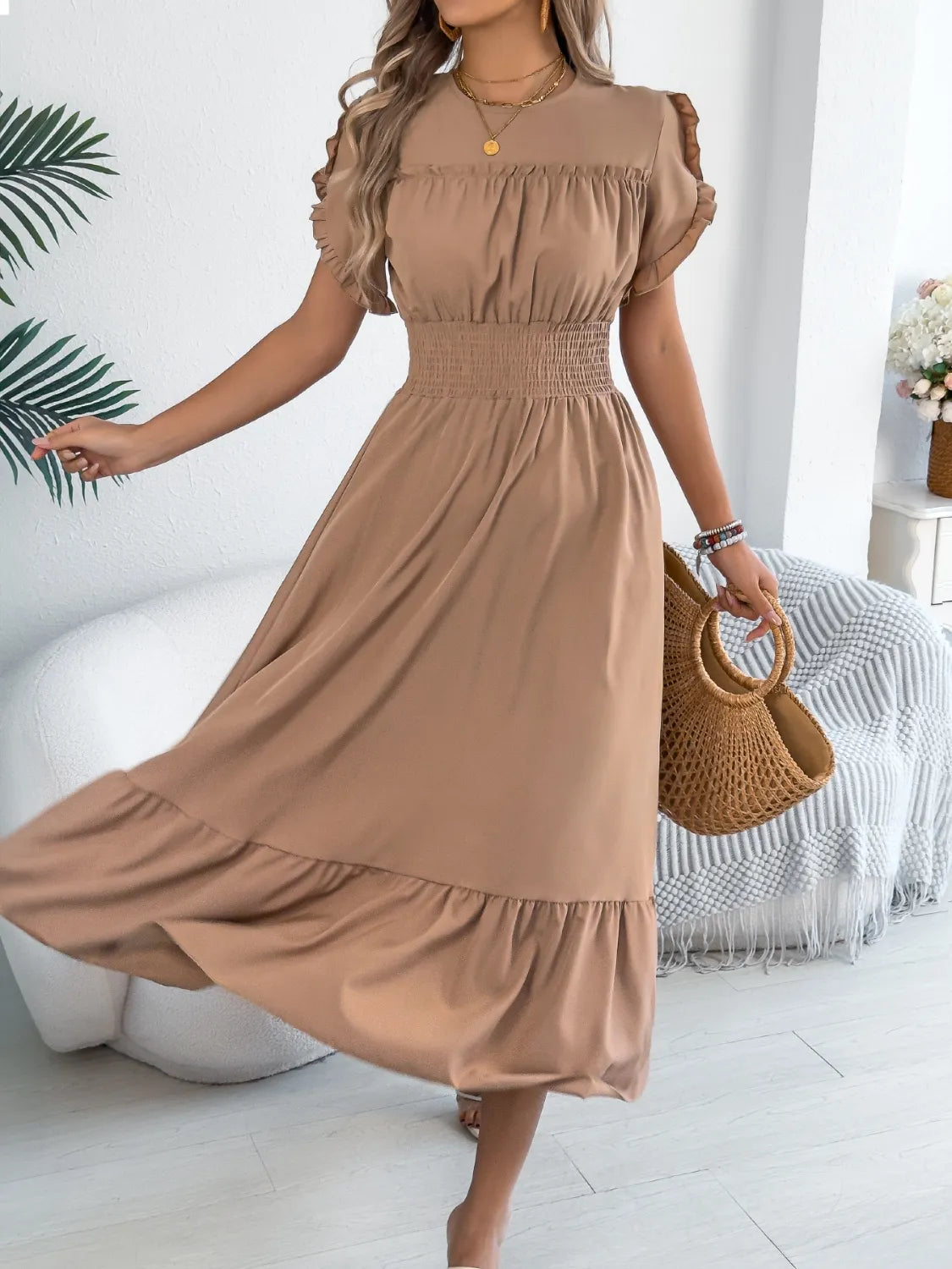 Smocked Frill Round Neck Midi Dress - Draped in Grace