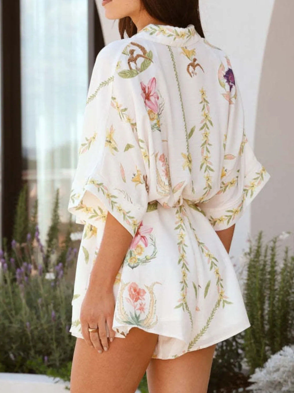 Printed Tie Waist Half Sleeve Romper - Draped in Grace