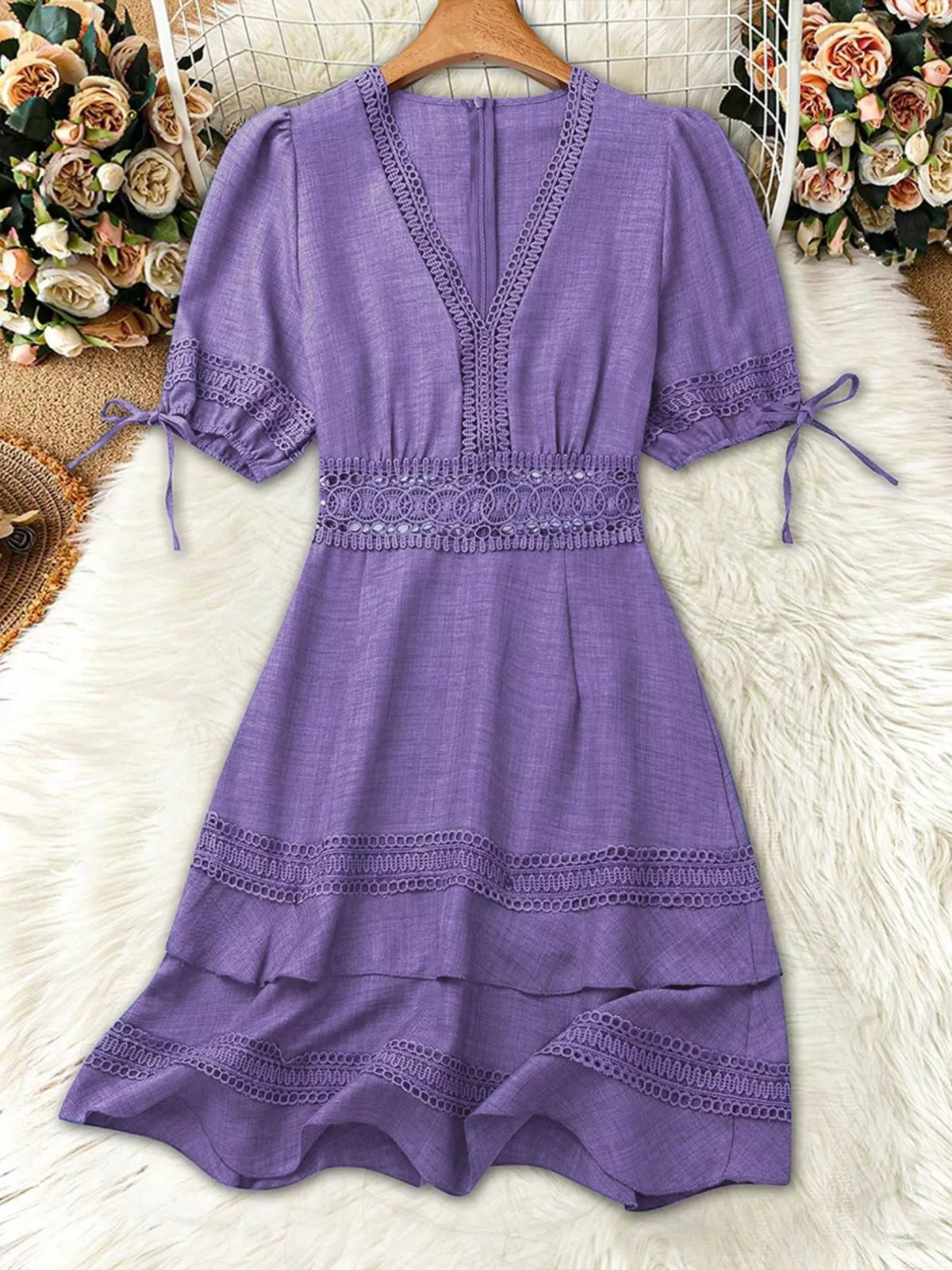 Lace Detail V-Neck Mini Dress - Draped in Grace