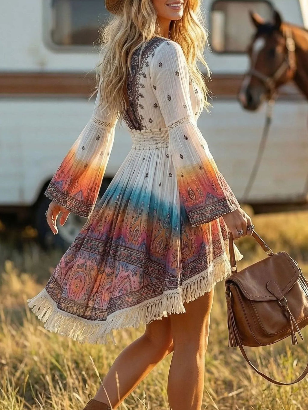 Fringe Hem V-Neck Dress - Draped in Grace