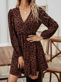Leopard Print V-Neck Long Sleeve Mini Dress - Draped in Grace