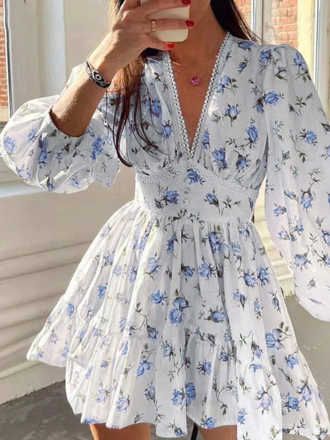 Lace Detail V-Neck Balloon Sleeve Dress - Draped in Grace