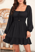 Solid Color Long Sleeve Shirred Drawstring Ruffle Mini Dress - Draped in Grace