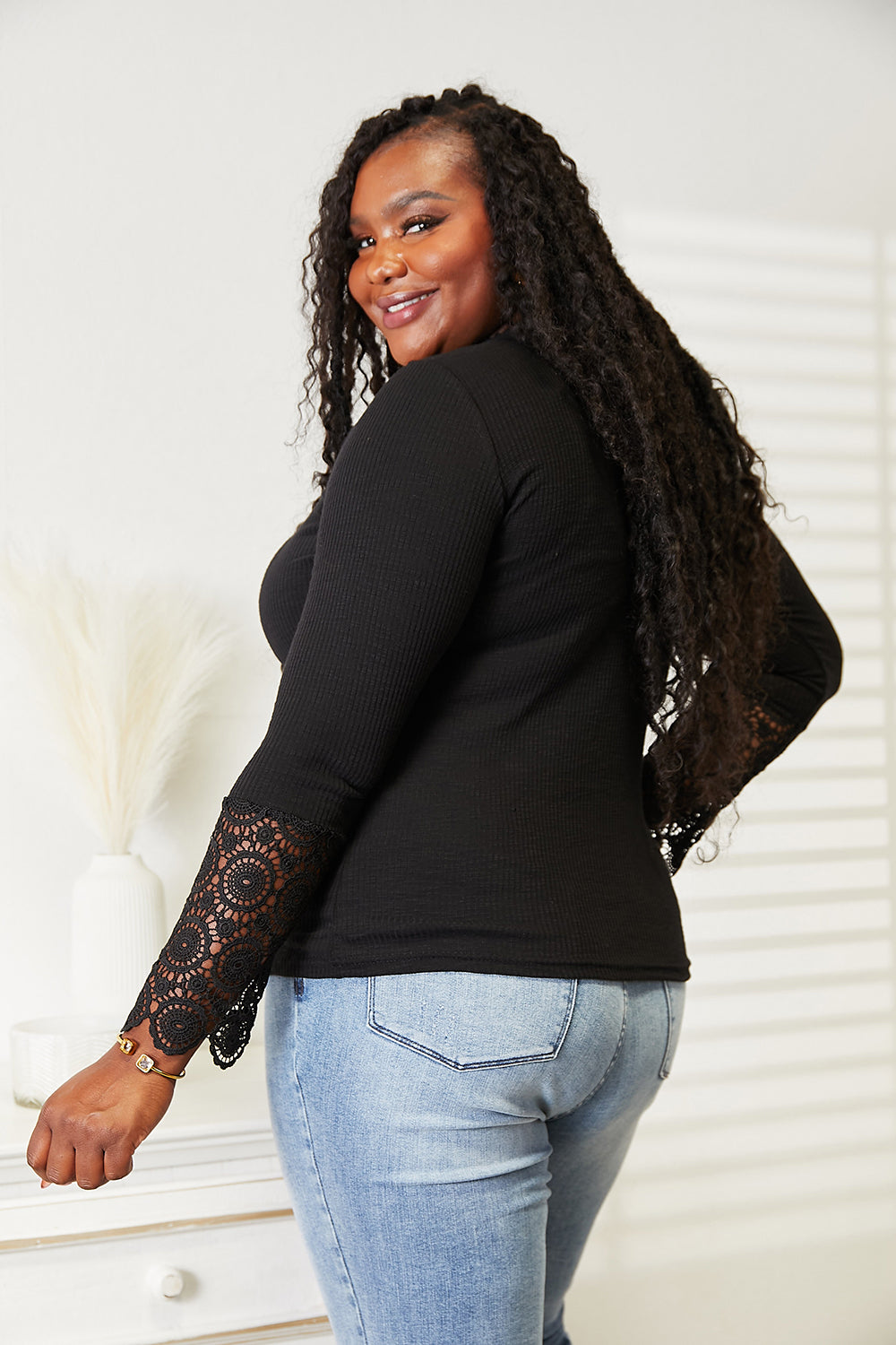 Double Take Crochet Lace Hem Sleeve Button Top - Draped in Grace