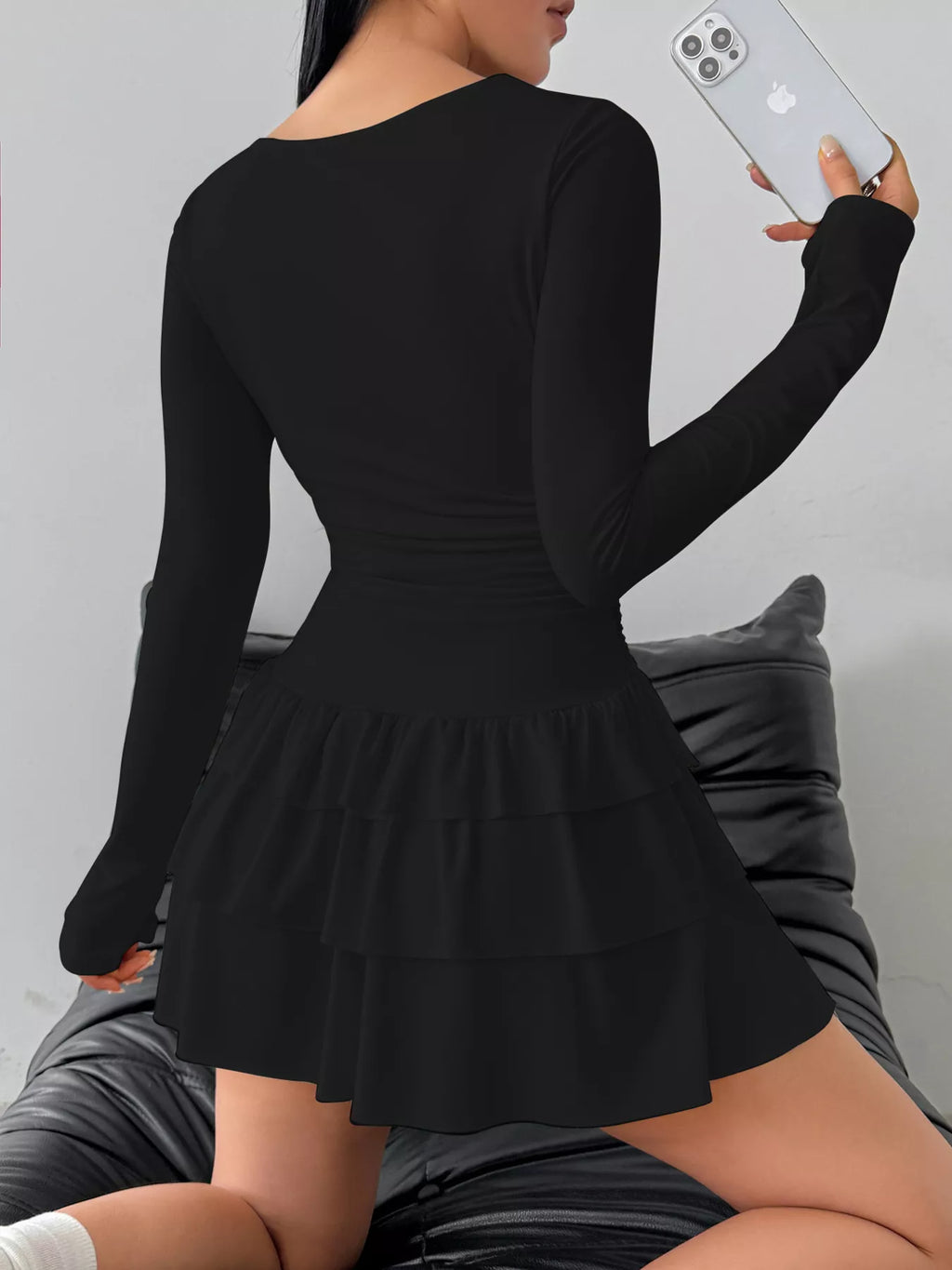 Ruched Long Sleeve Layered Ruffle Mini Dress - Draped in Grace