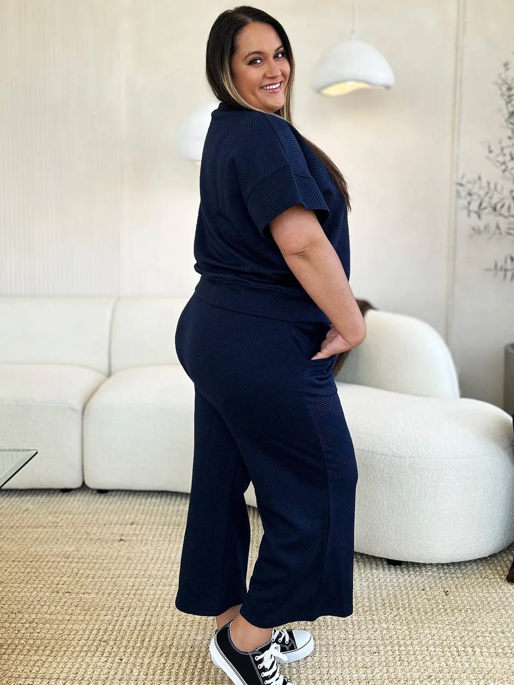 Double Take Full Size Texture Short Sleeve Top and Pants Set - Draped in Grace