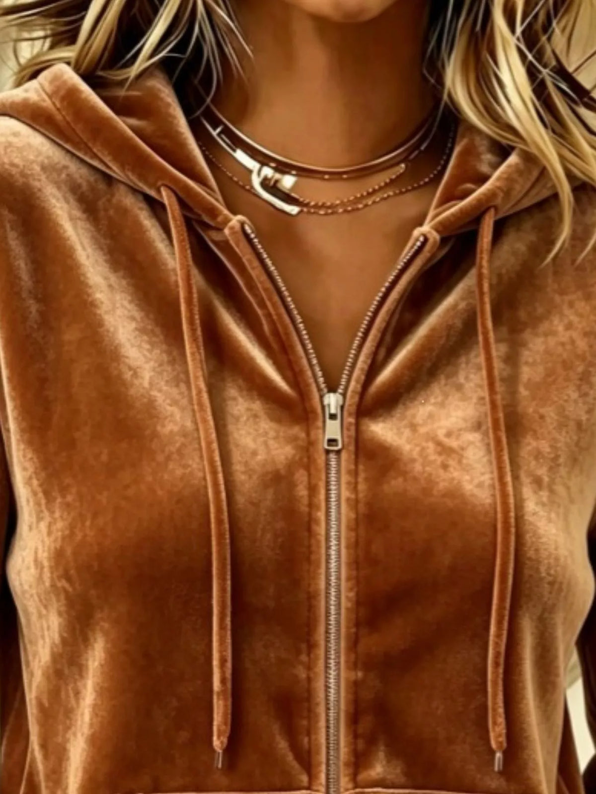 Full Size Velvet Zip-Up Hoodie with Drawstring Plus Size - Draped in Grace