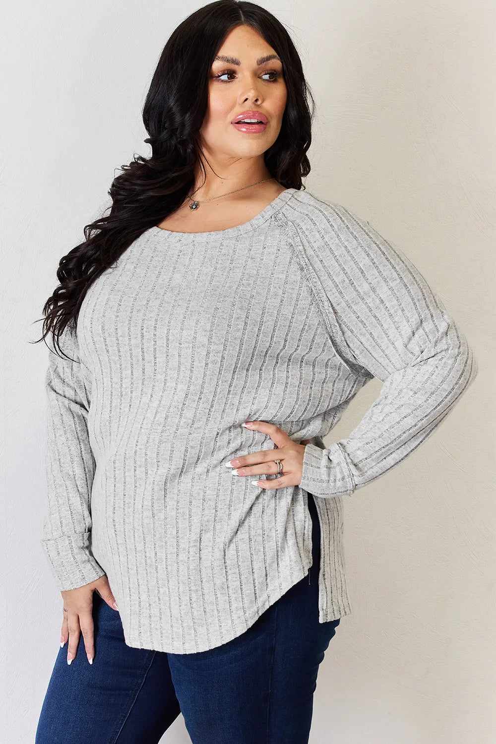 Basic Bae Full Size Ribbed Round Neck Slit T-Shirt - Draped in Grace