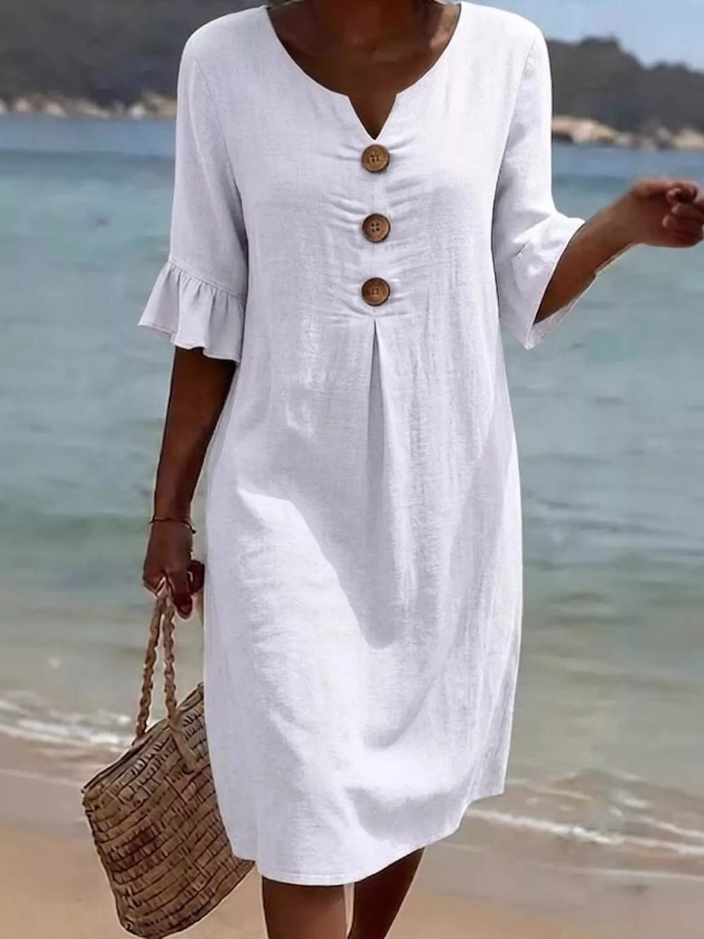 Full Size Button Decor Ruffle Sleeve Midi Dress Plus Size - Draped in Grace