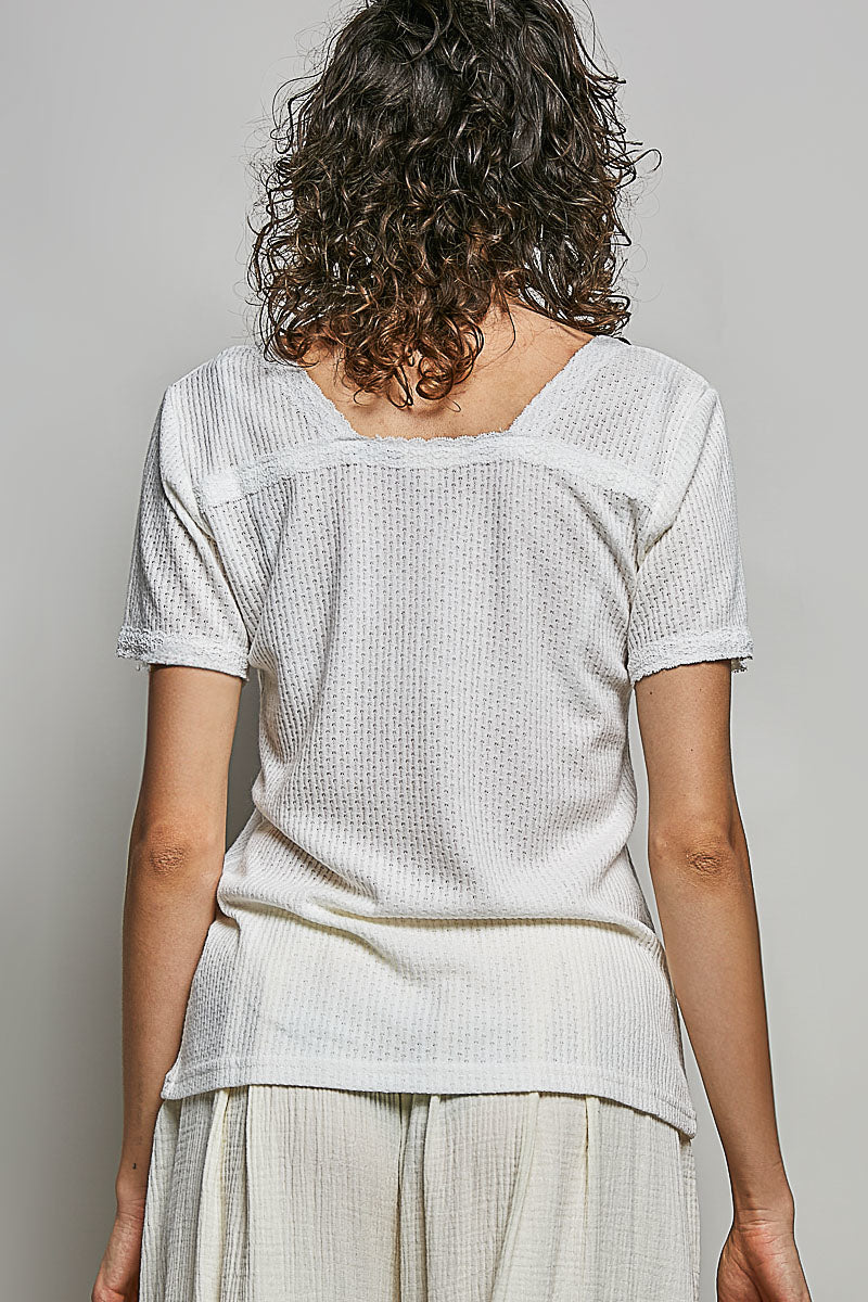 POL Lace Detail V-Neck Short Sleeve Textured T-Shirt - Draped in Grace