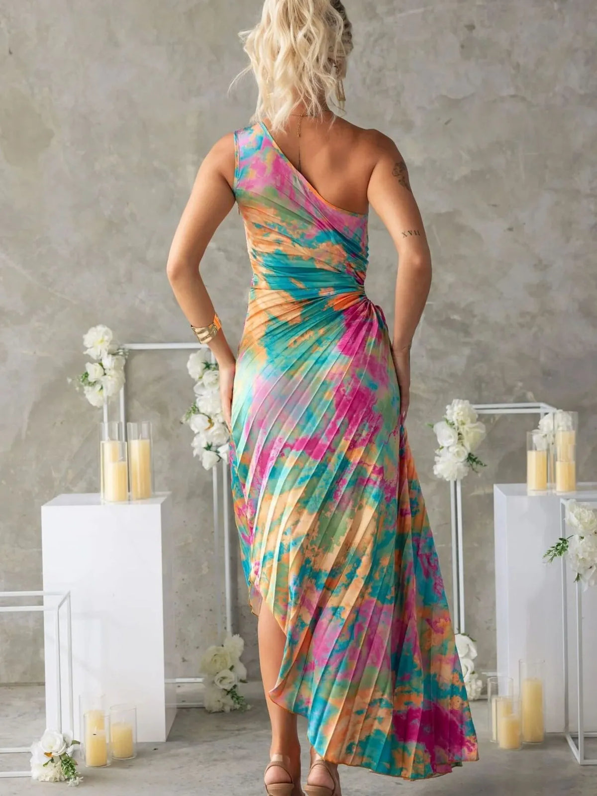 Printed One Shoulder Asymmetrical Maxi Dress - Draped in Grace